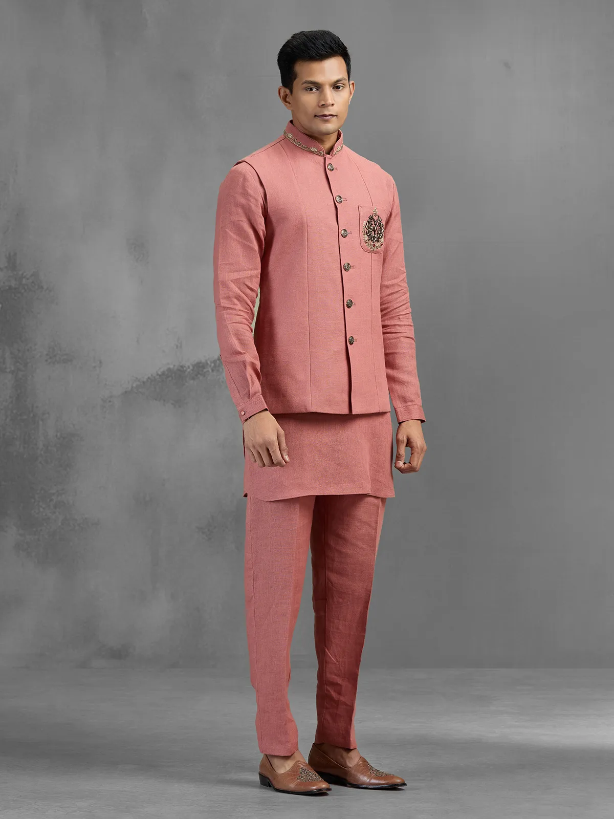Dusky pink linen crest embroidered festive waistcoat set