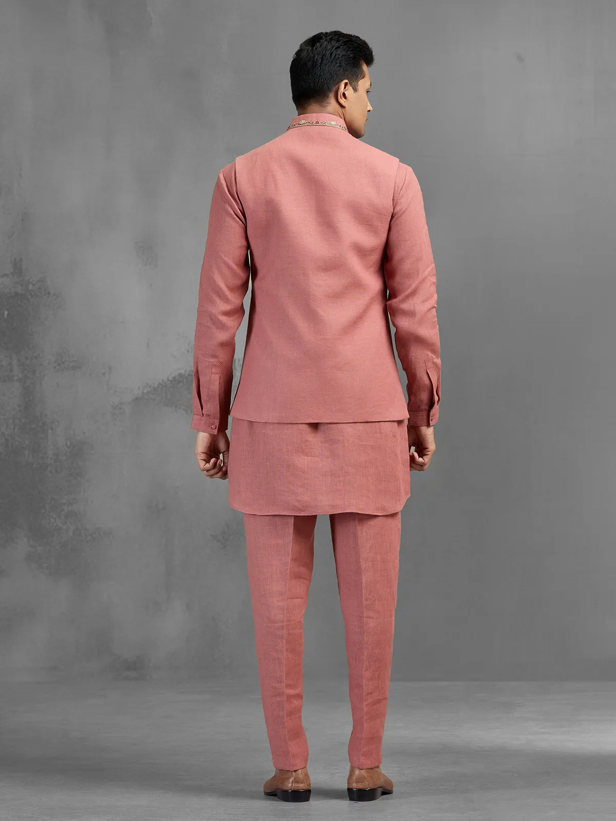 Dusky pink linen crest embroidered festive waistcoat set