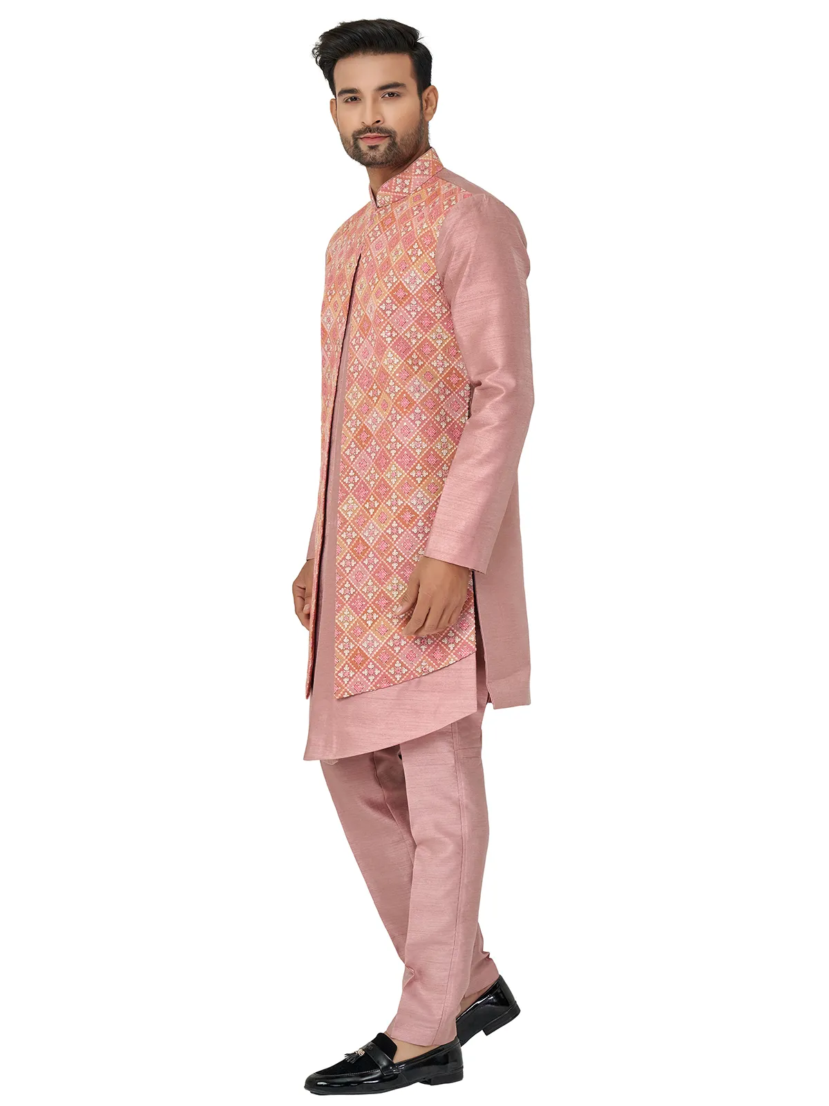 Dusty peach silk printed indowestern