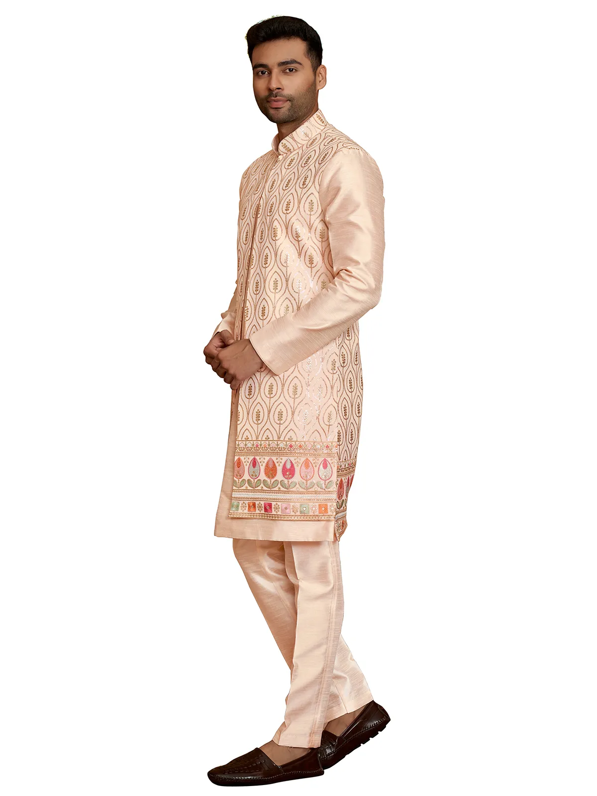 Dusty peach wedding look silk indowestern