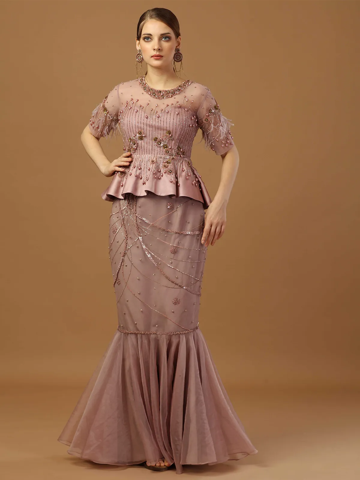 Dusty pink fish cut skirt with peplum top