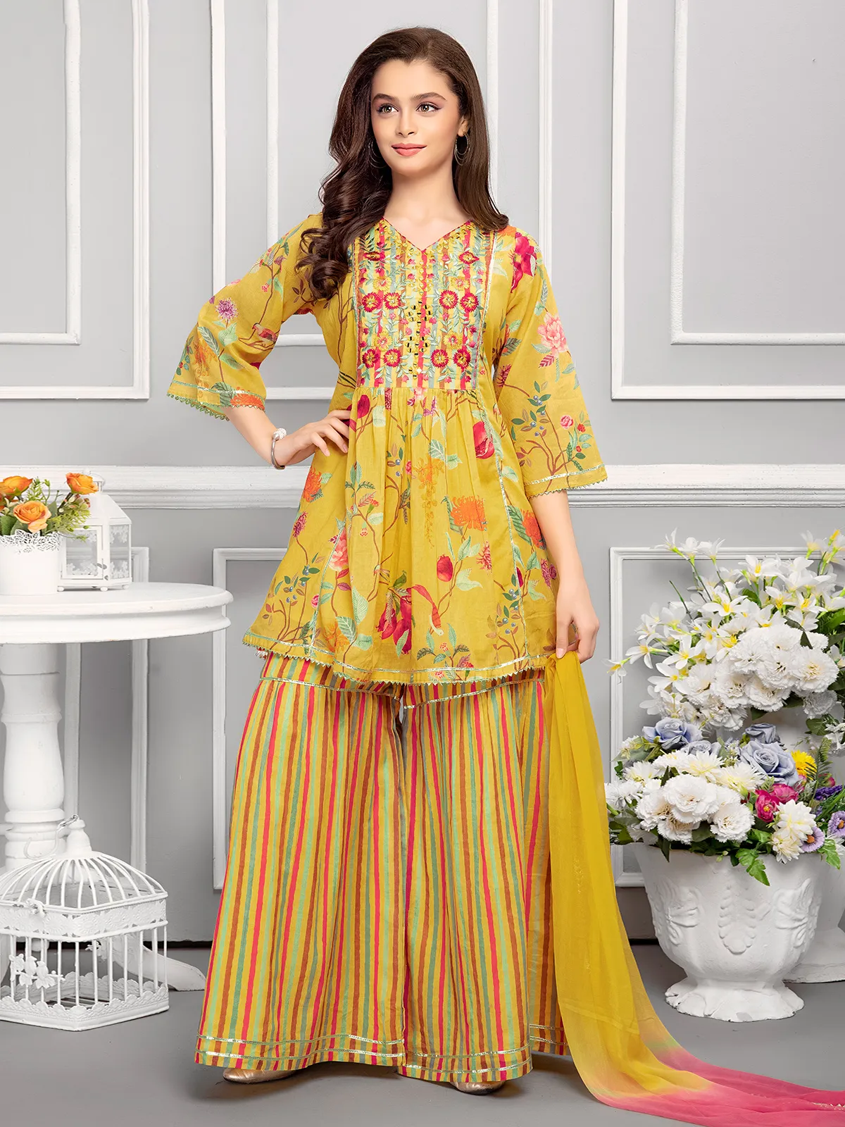 Dusty yellow silk printed sharara set