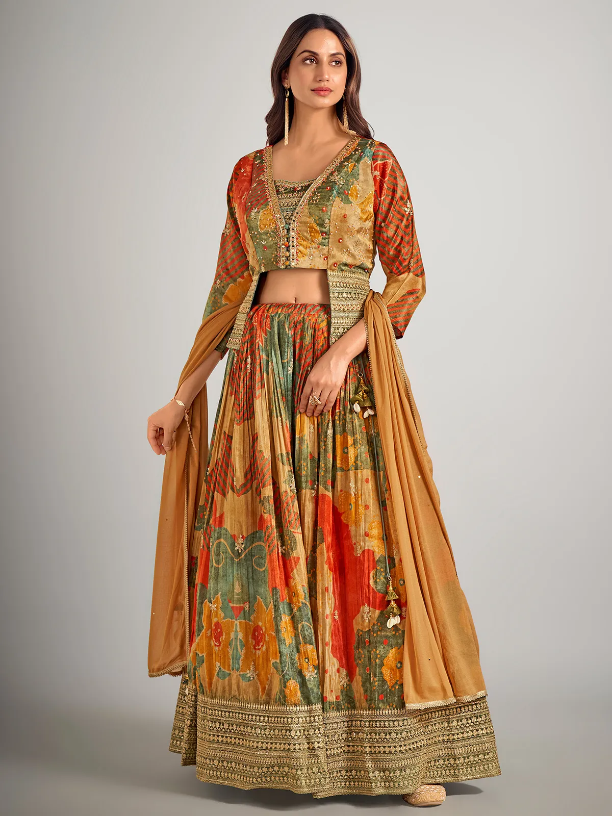 Earth yellow silk wedding wear lahenga choli