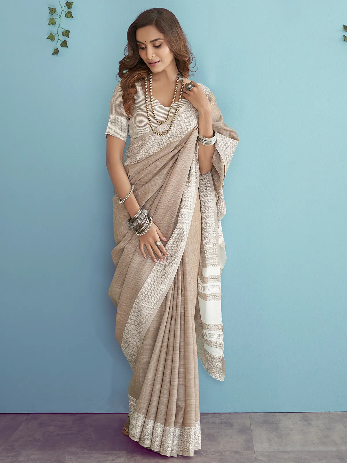 Elegant beige linen saree