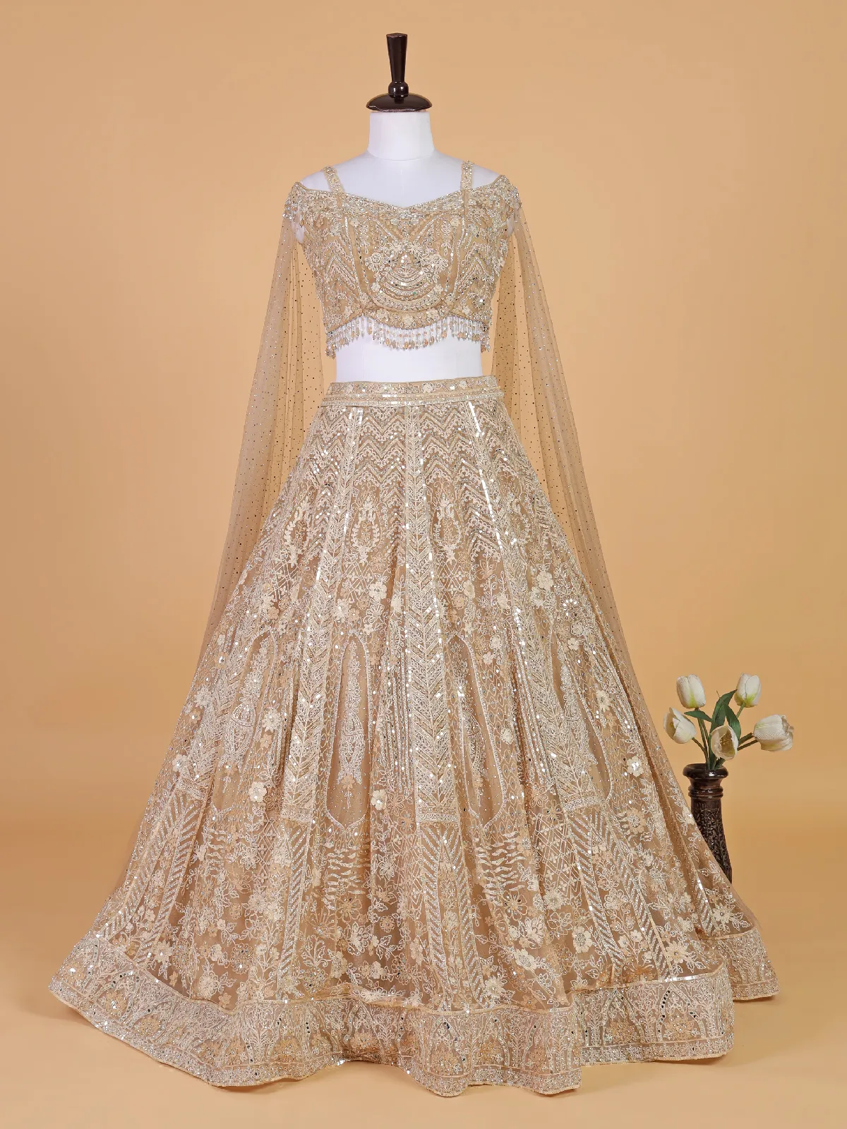 Elegant beige net lehenga choli for reception