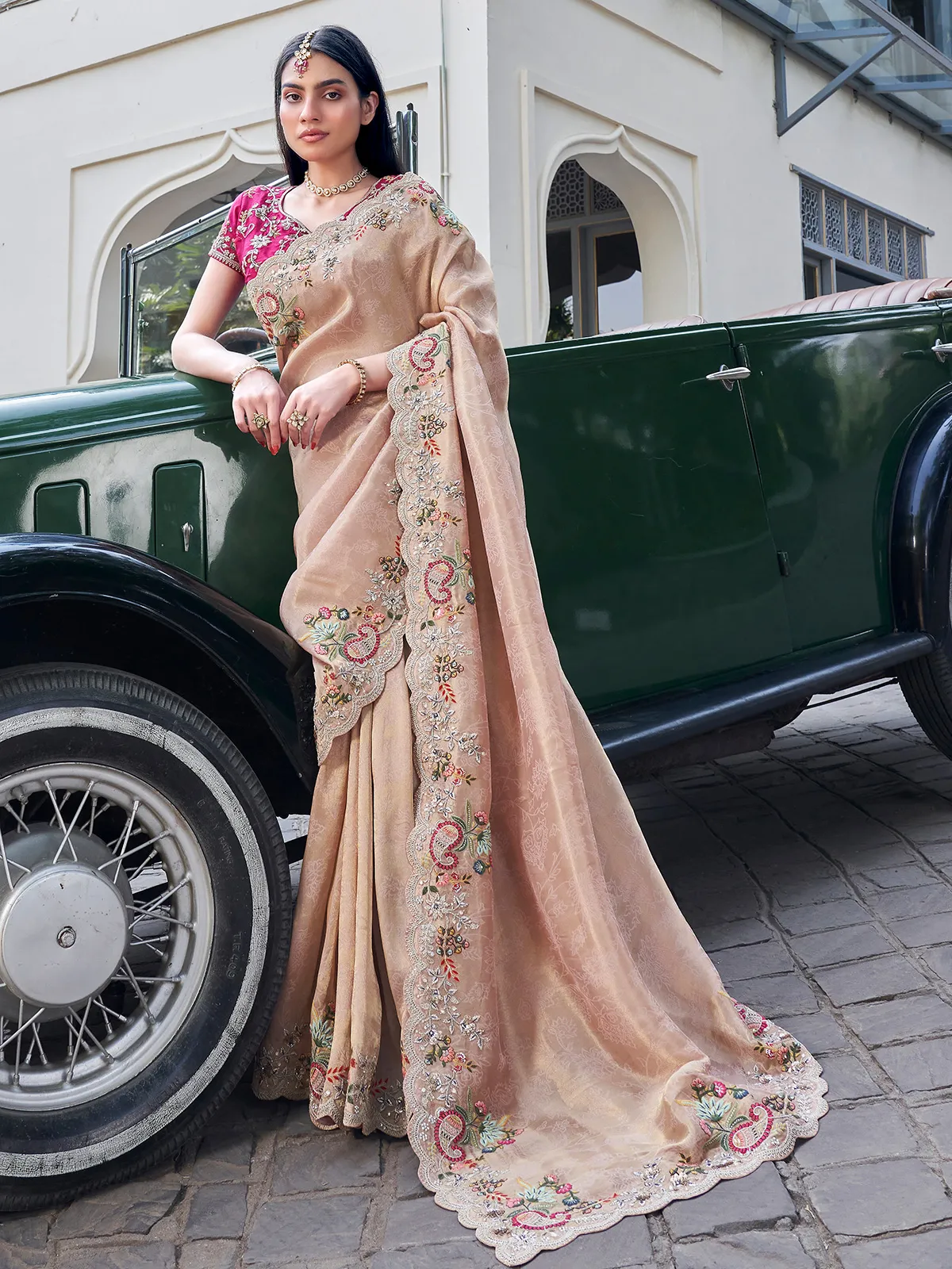 Elegant beige tissue silk saree