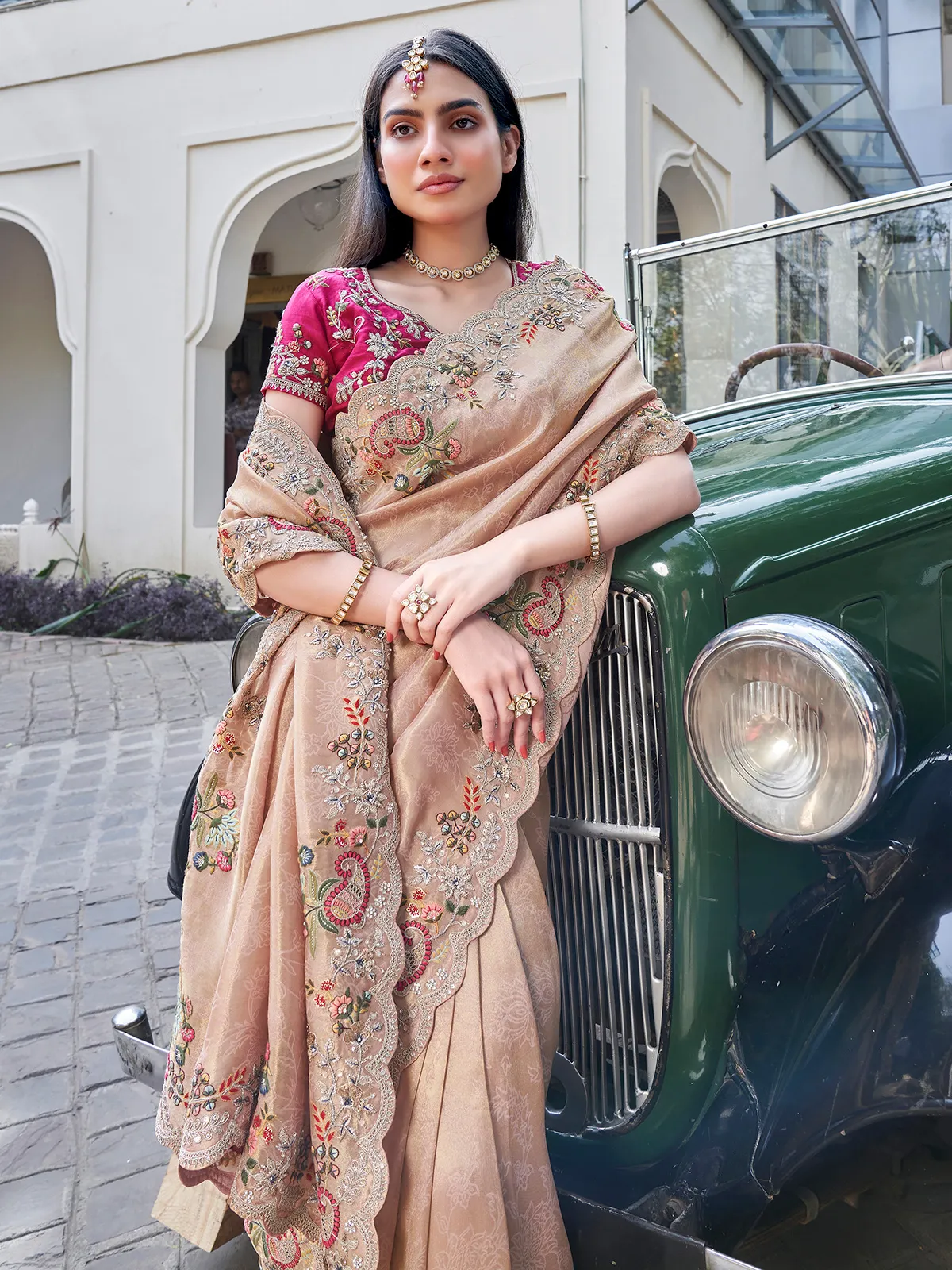 Elegant beige tissue silk saree