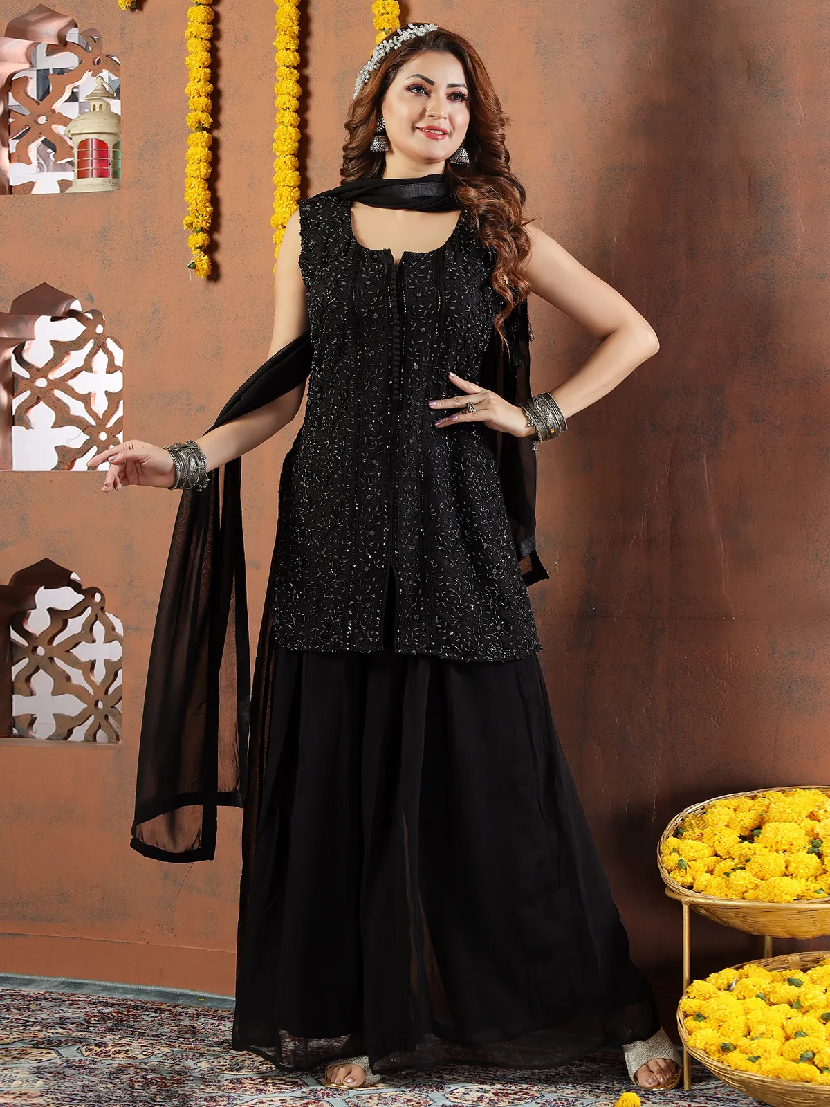 Elegant black georgette palazzo suit