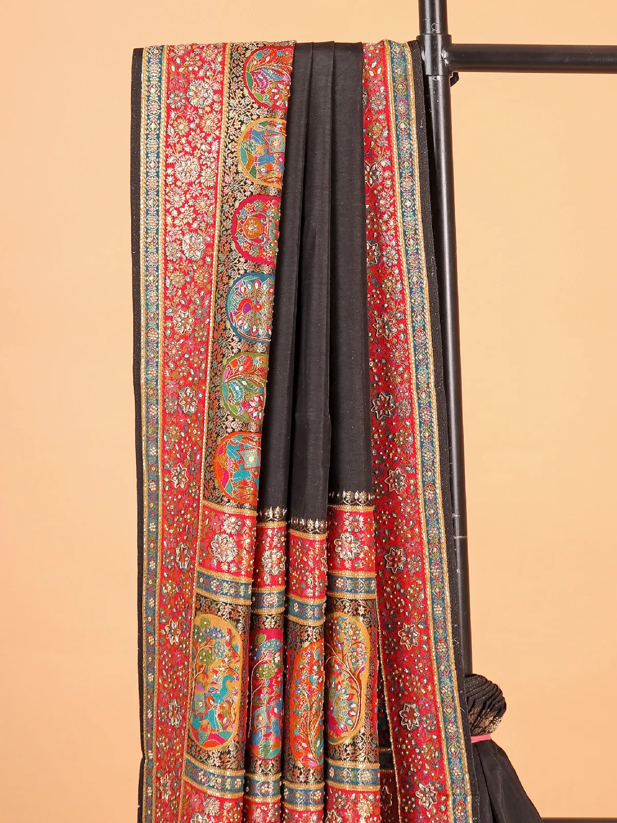 Elegant black silk saree with unstitched blouse