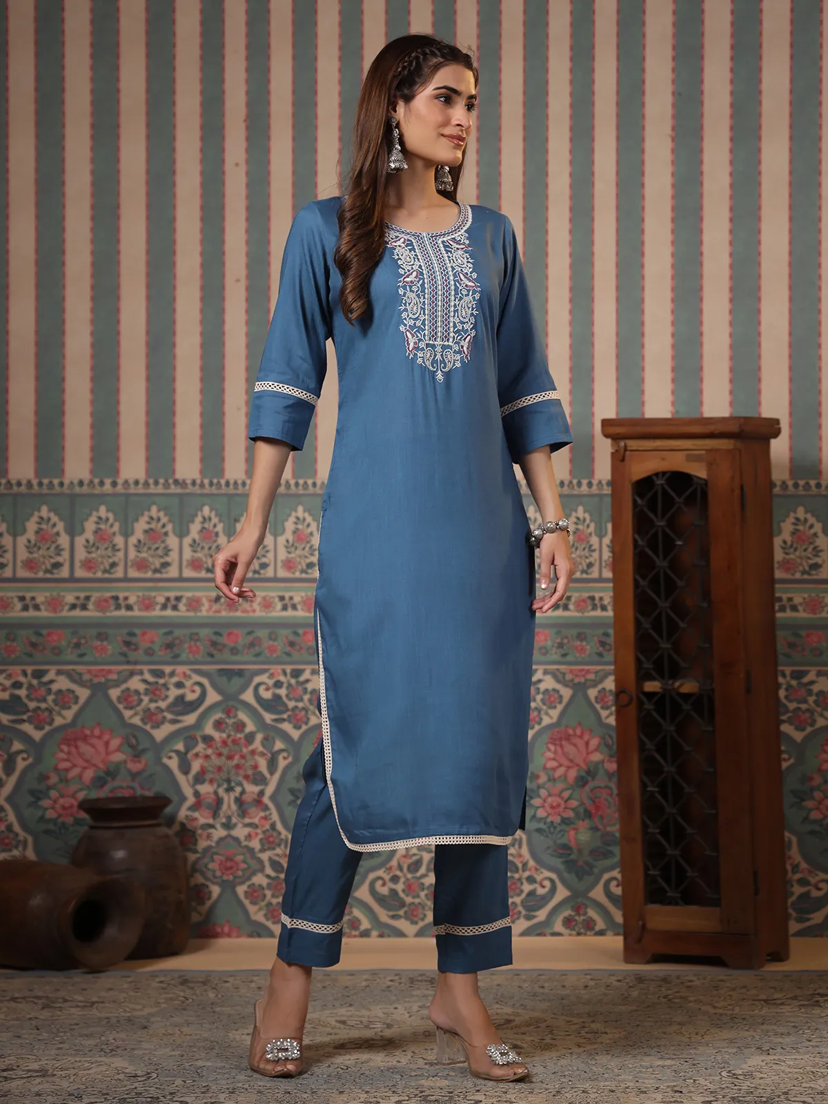 Elegant blue cotton kurti set