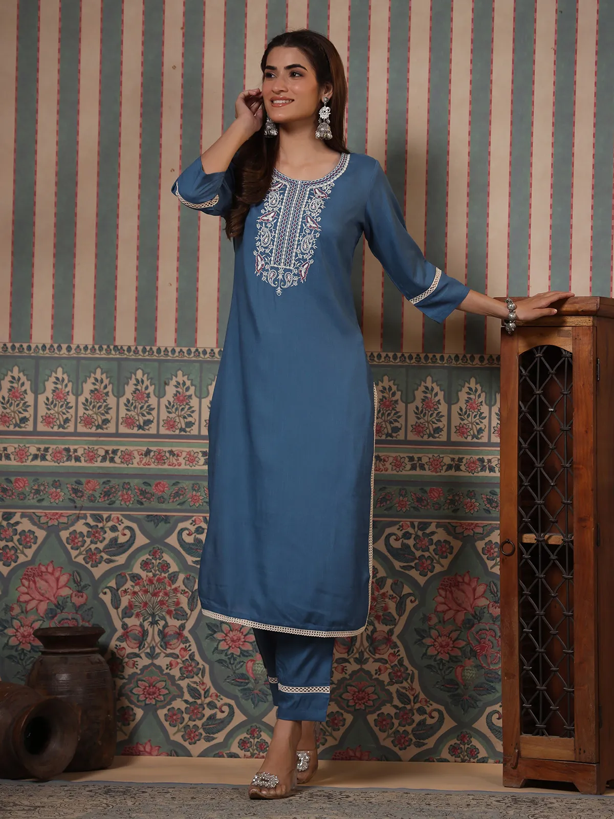 Elegant blue cotton kurti set