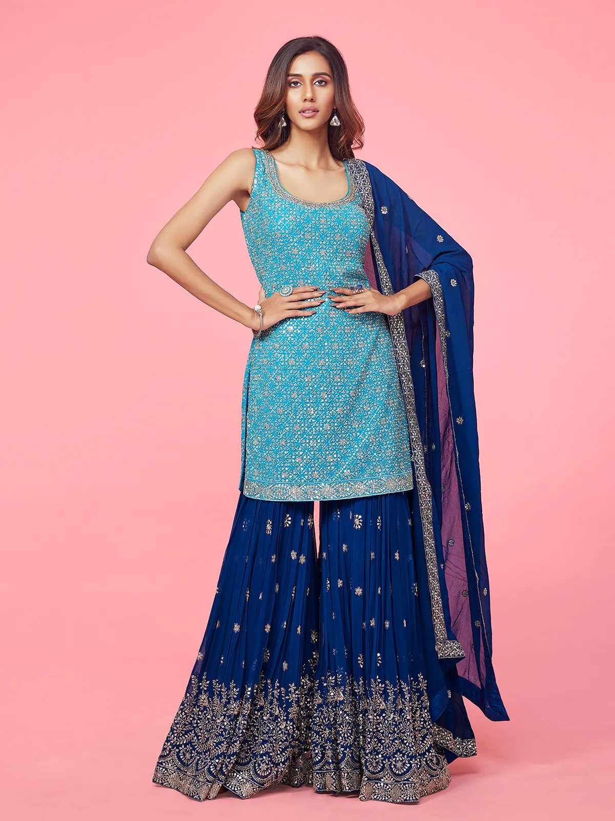 Elegant blue georgette sharara suit