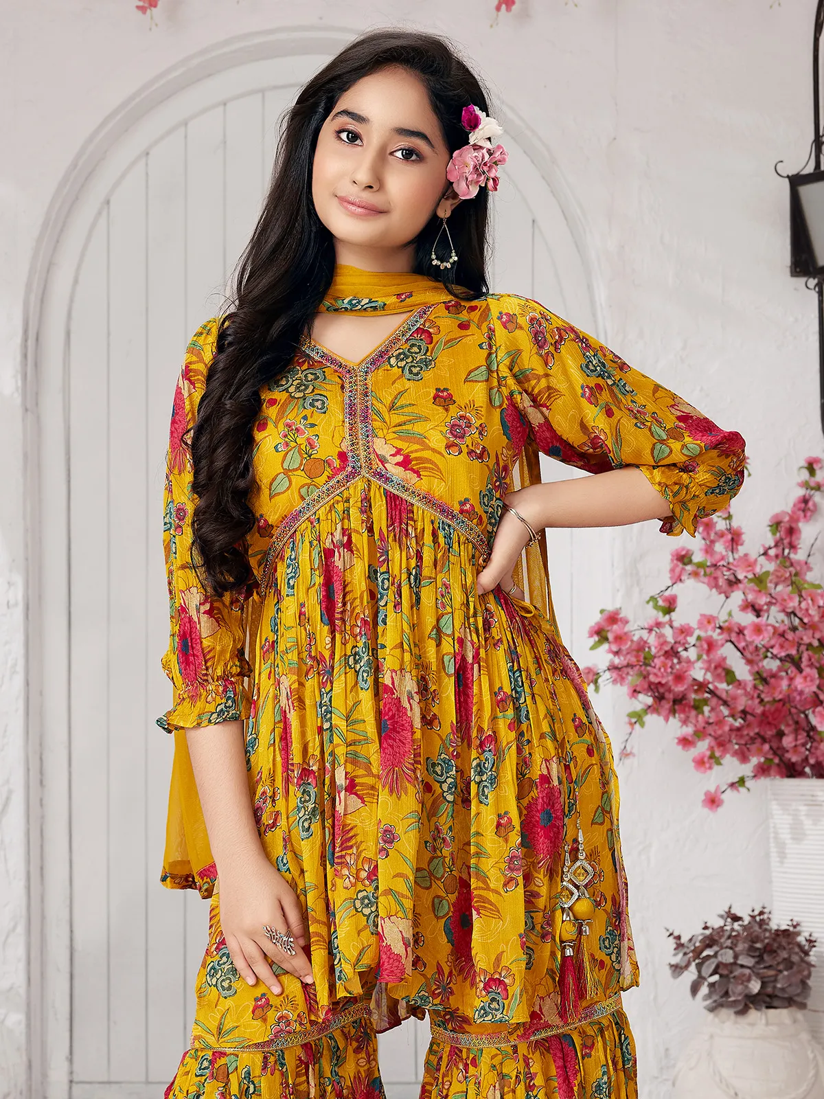 Elegant bright yellow georgette sharara suit