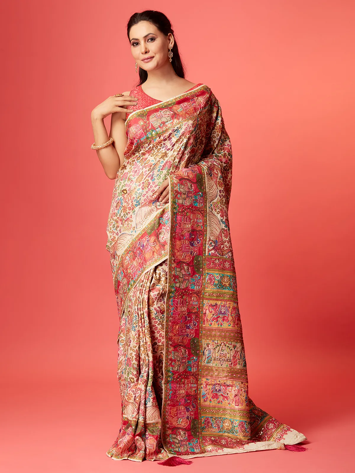 Elegant cream pashmina silk saree for wedding