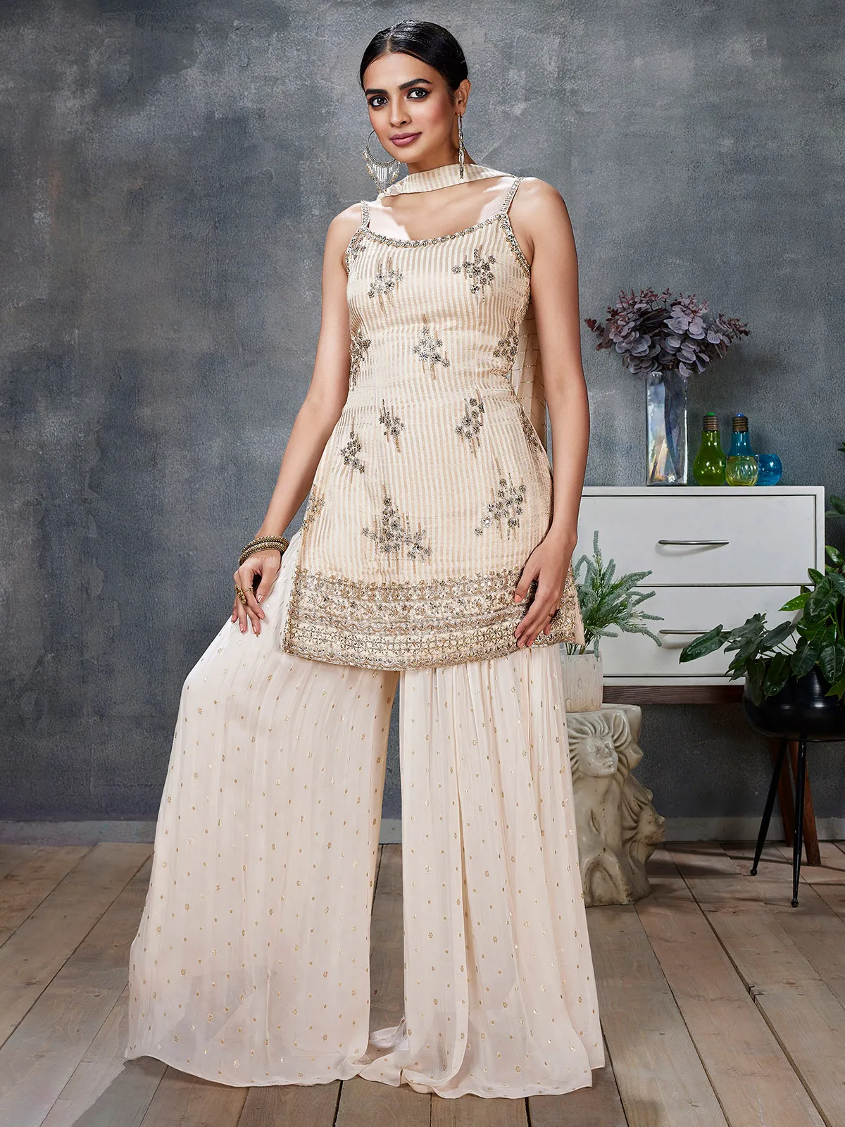 Elegant Cream Silk Palazzo Suit