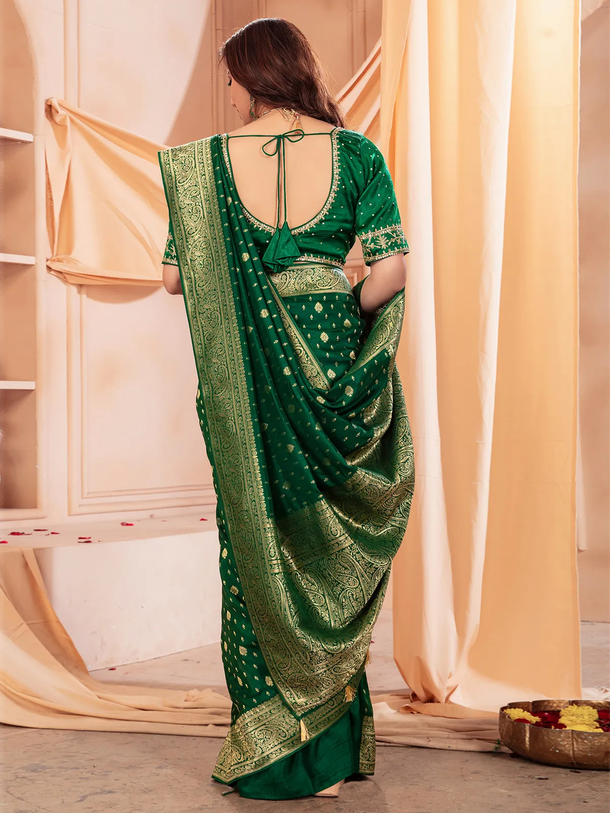 Elegant dark green dola silk saree