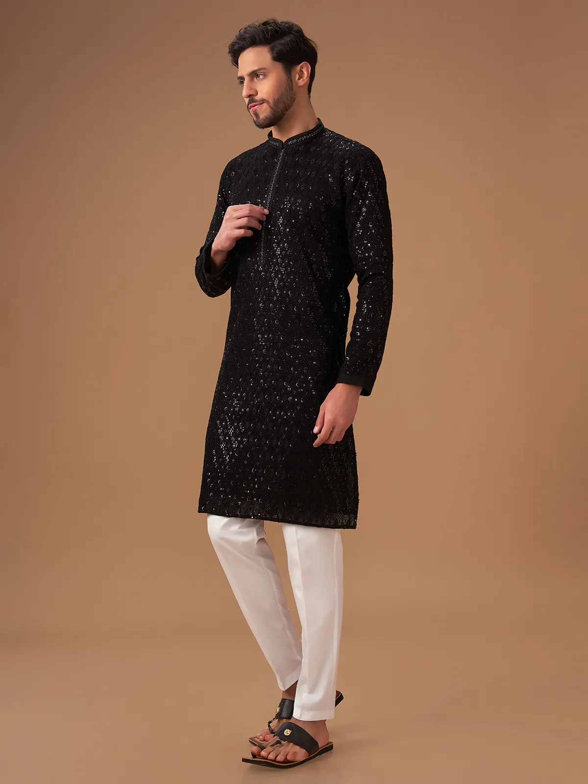 Elegant georgette black  Men Kurta pajama