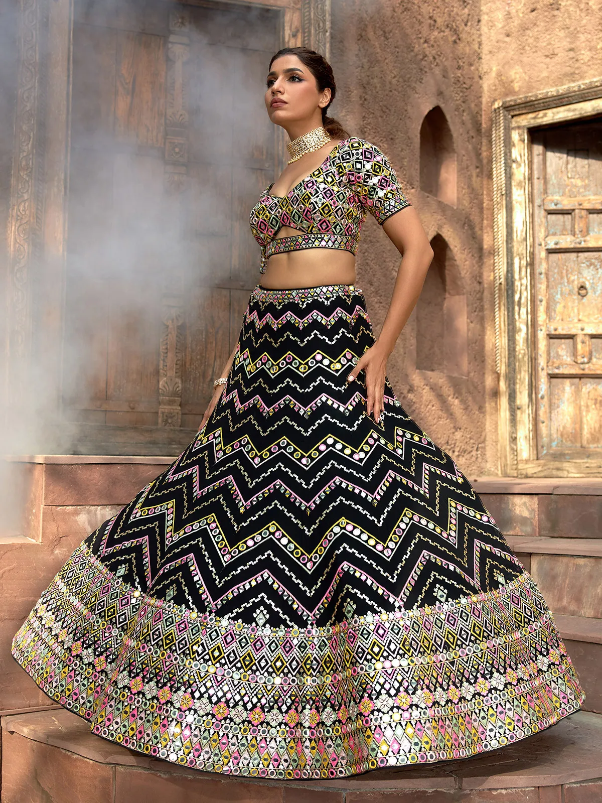 Elegant georgette reception lehenga choli in black