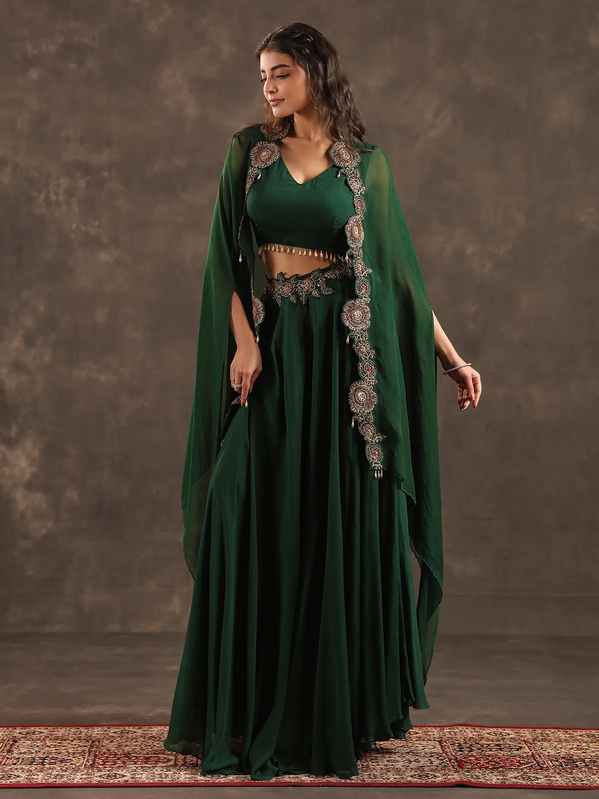 short flowy dresses formal Embroidery Work Dark Green Palazzo Dress With Dupatta For Wedding – Seyuri main image 0