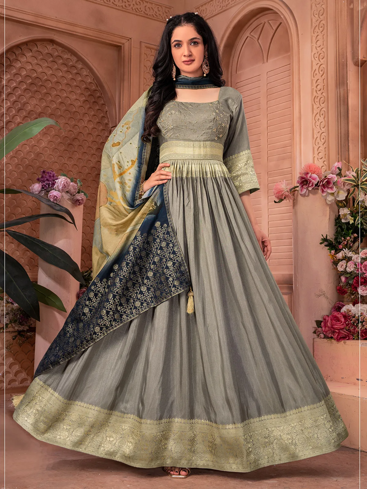 Elegant grey banarasi silk anarkali suit