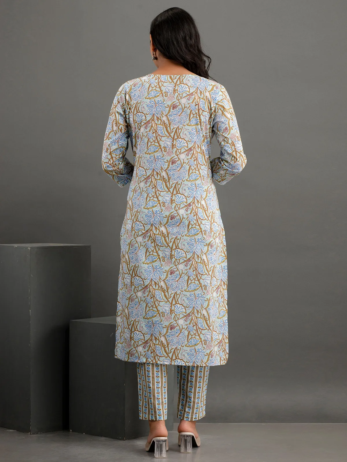 Elegant grey cotton printed kurti set