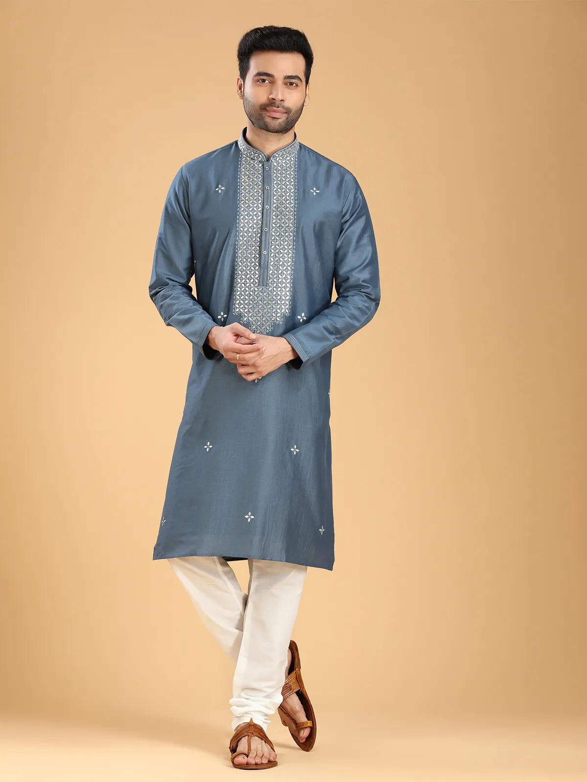 Elegant grey kurta suit in silk