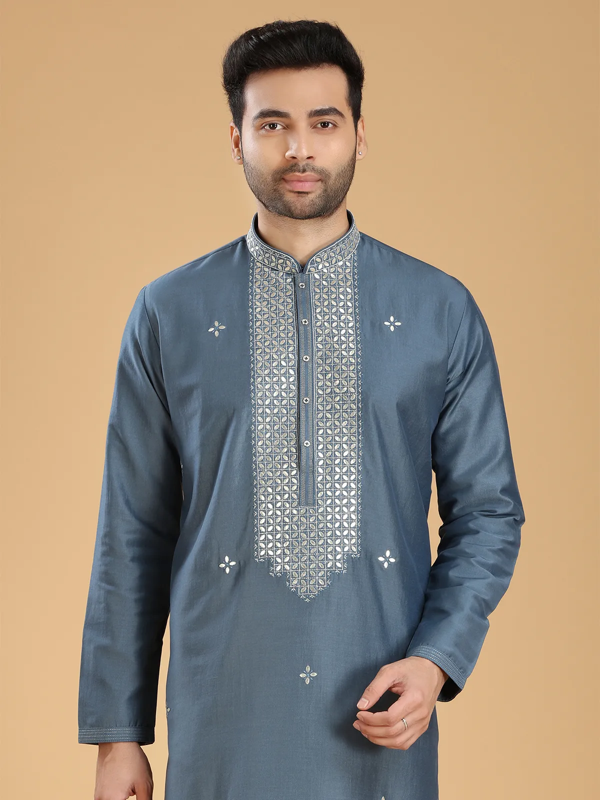 Elegant grey kurta suit in silk