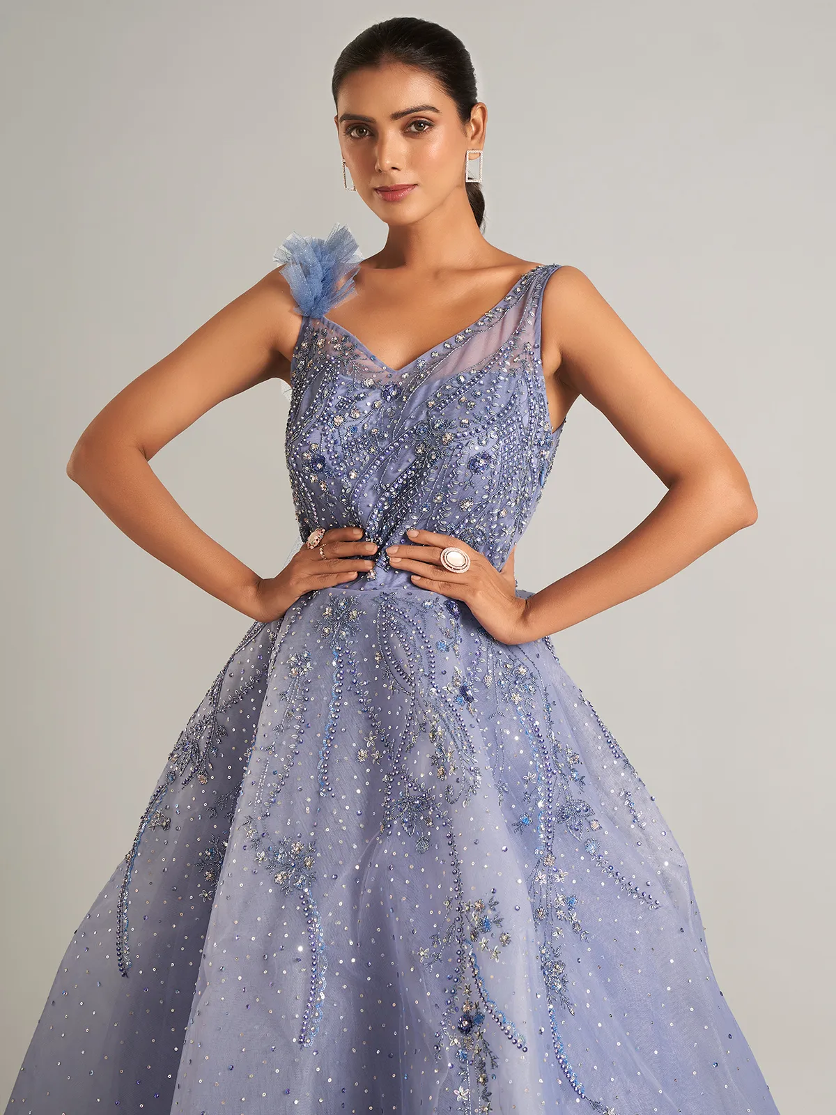 Elegant lavender designer net gown