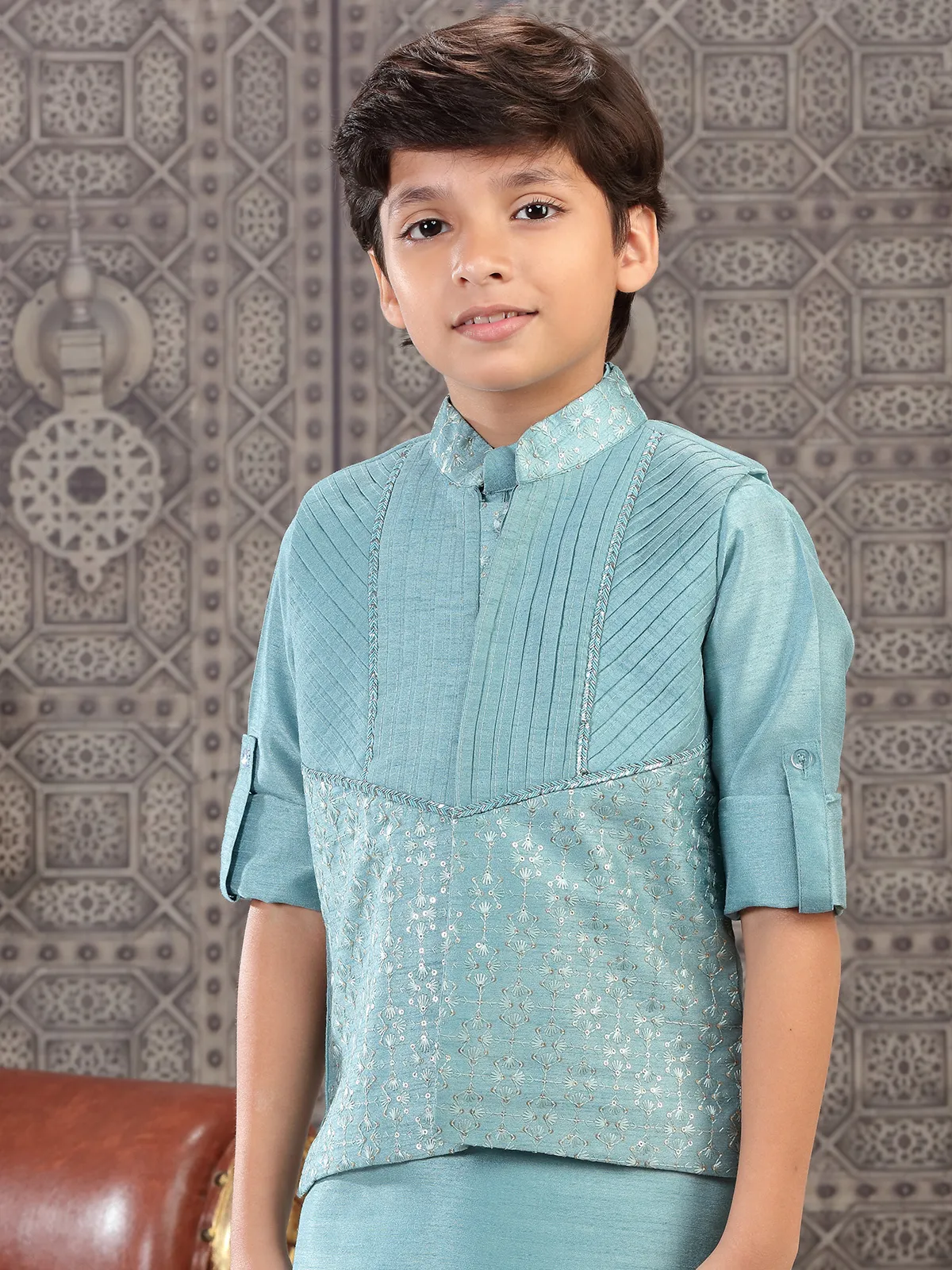 Elegant light blue silk waistcoat set