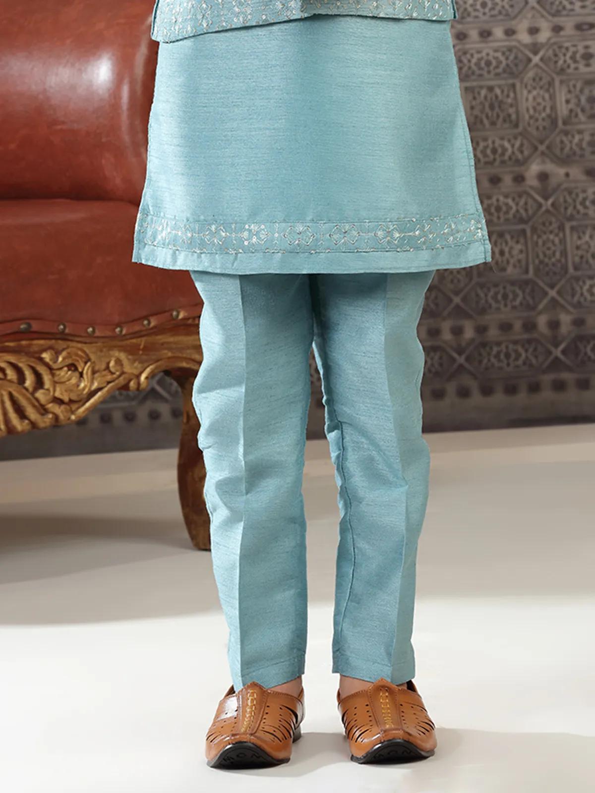 Elegant light blue silk waistcoat set