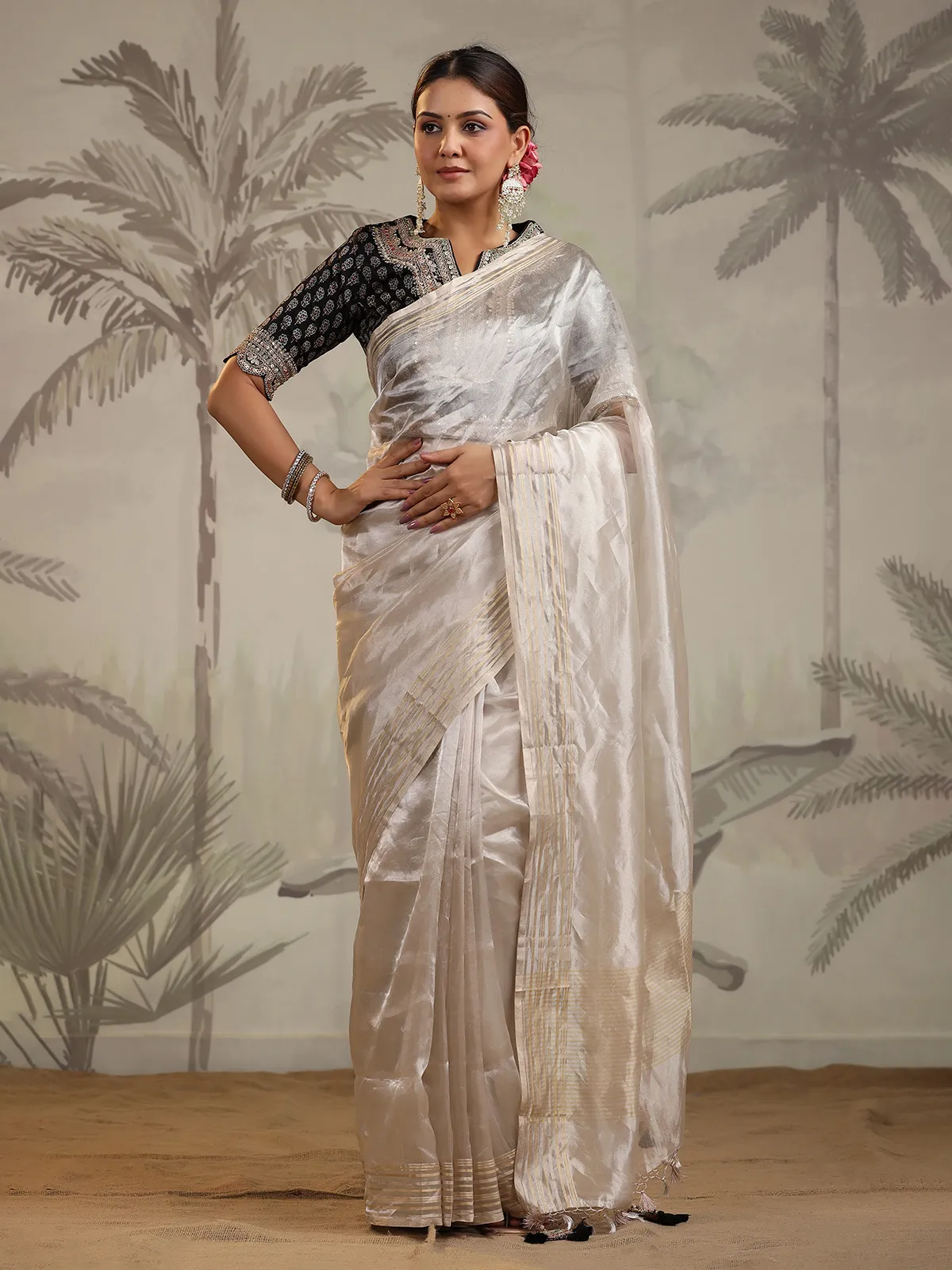 Elegant organza beige saree