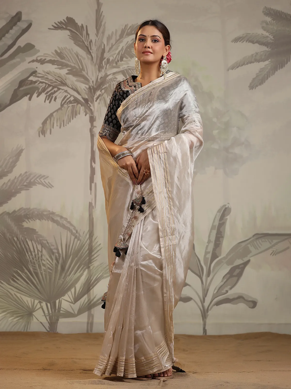 Elegant organza beige saree