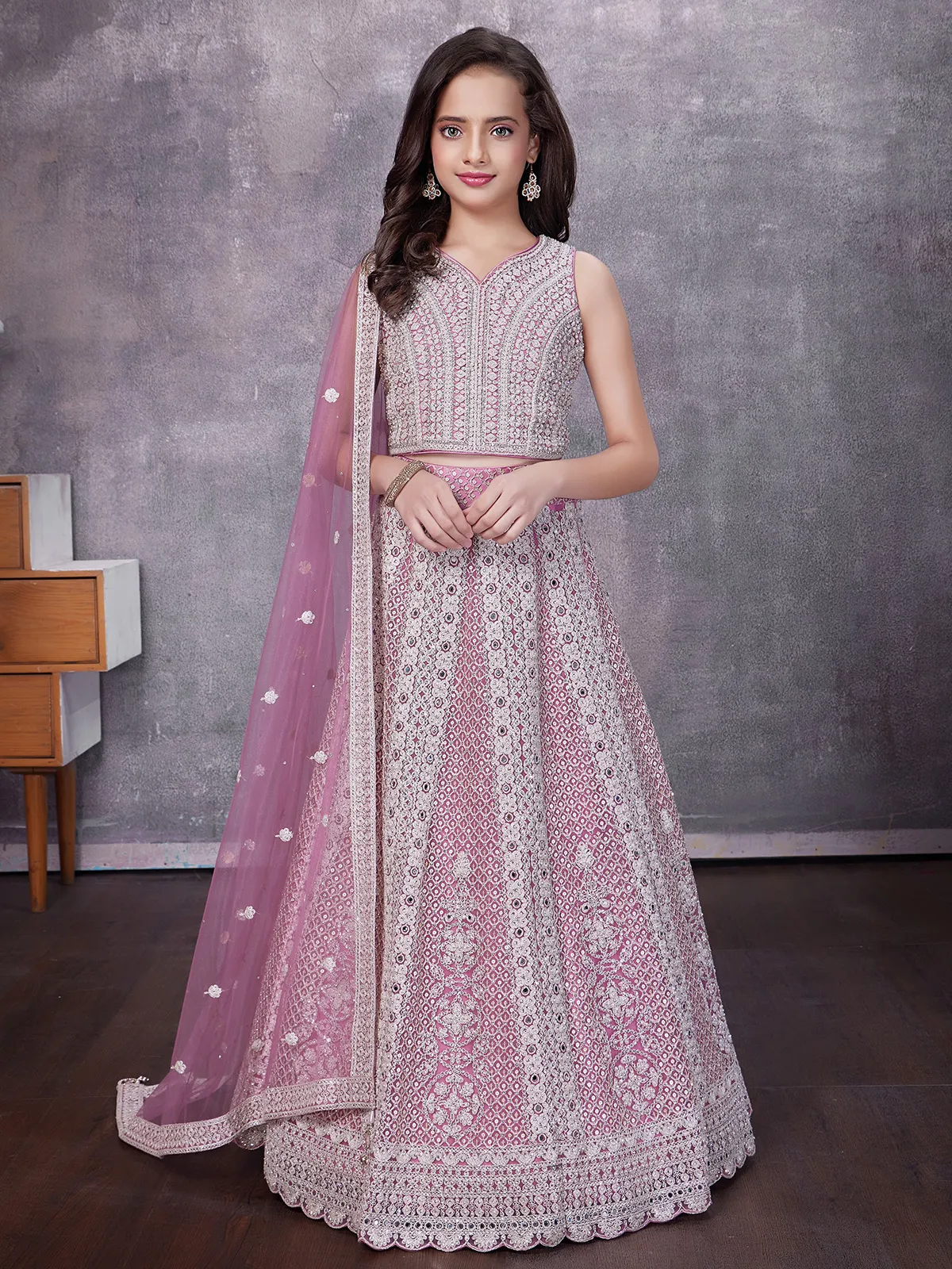 Elegant light pink net lehenga choli