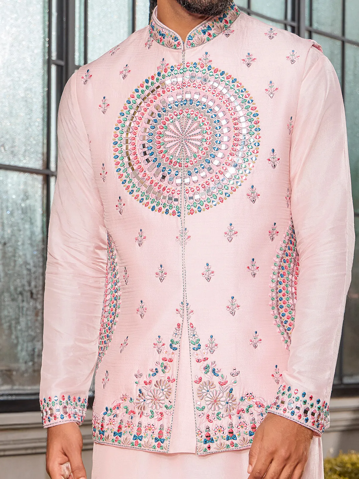 Elegant light pink soft art silk waistcoat set