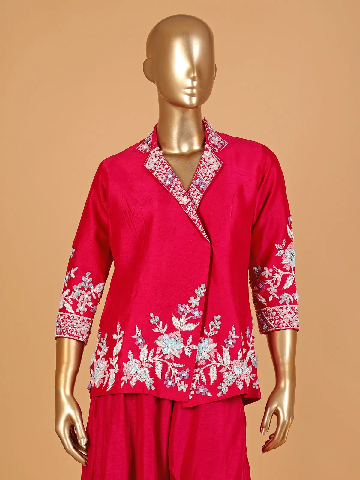 Elegant magenta raw silk palazzo suit