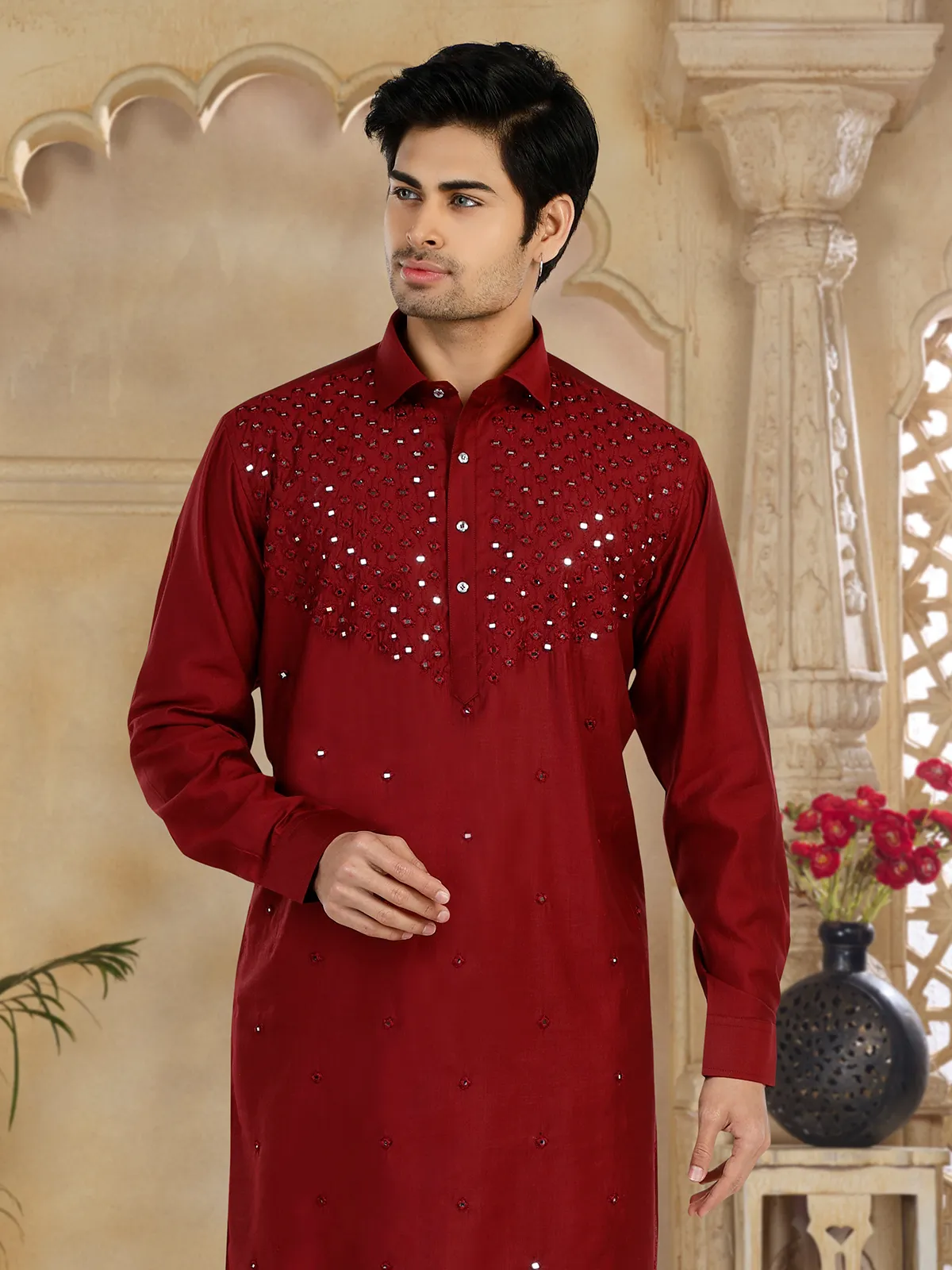 Elegant maroon cotton pathani suit