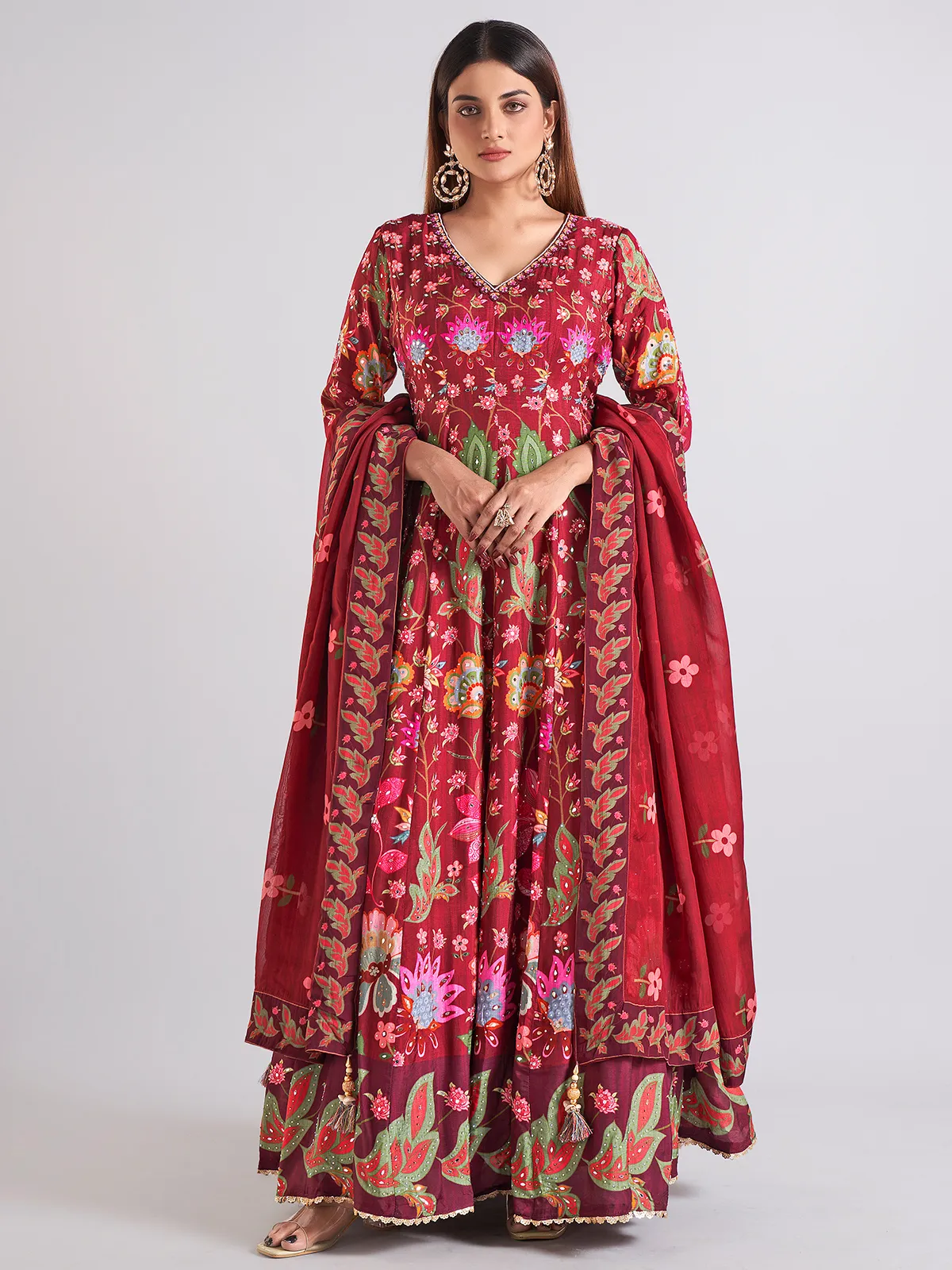 Elegant maroon cotton silk anarkali salwar suit