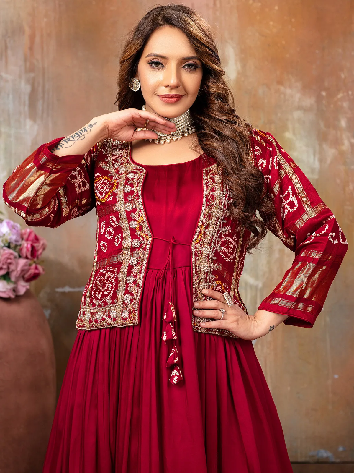 Elegant maroon satin anarkali suit