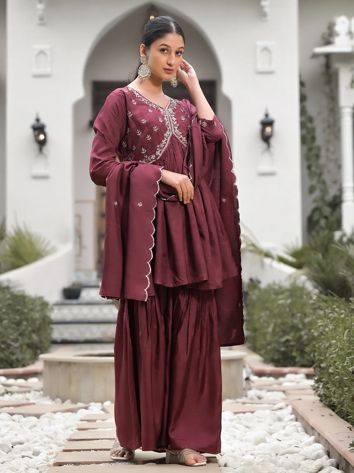 Elegant maroon silk sharara set