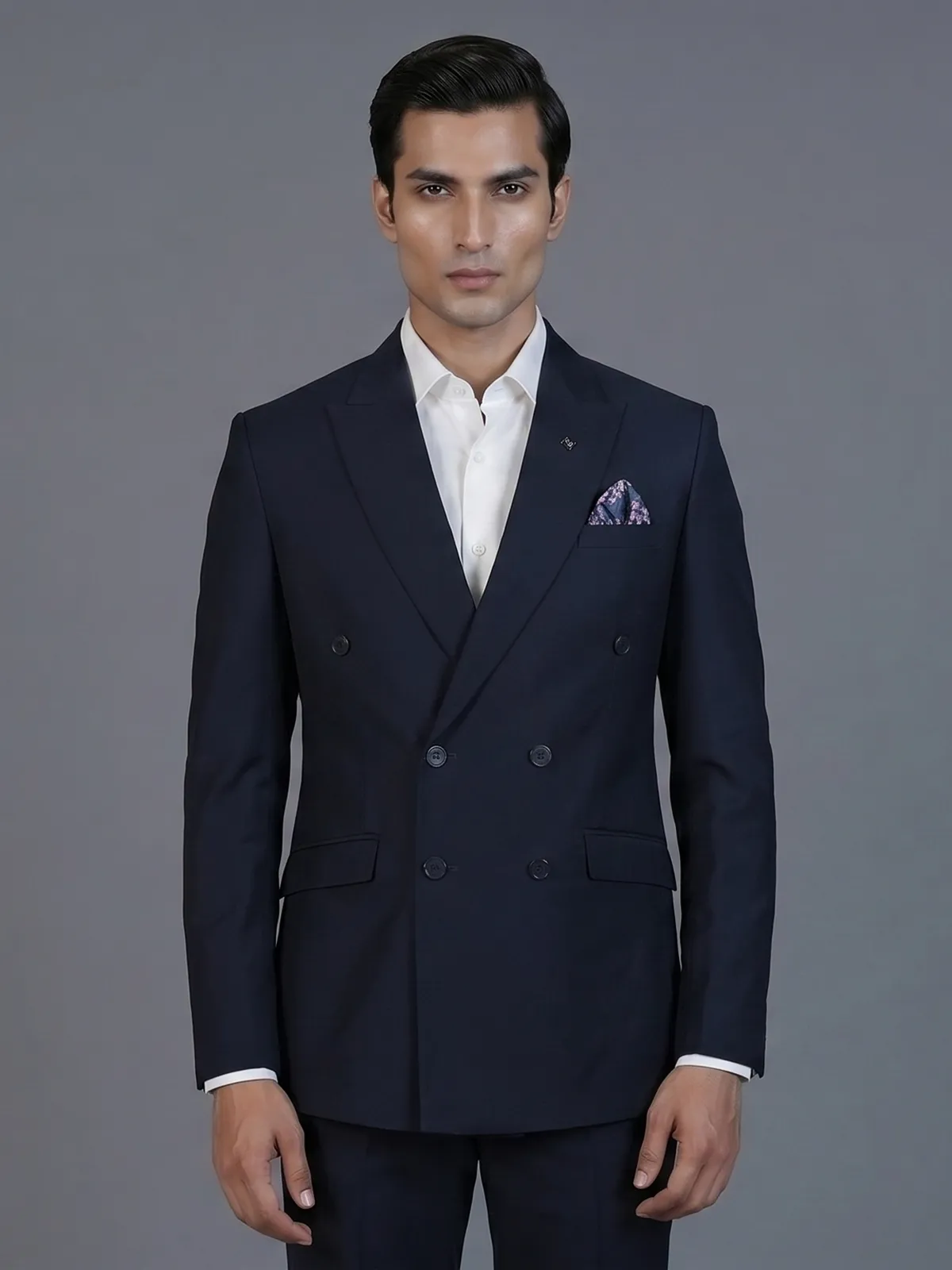 Elegant navy blue formal double breasted suit with peak lapel