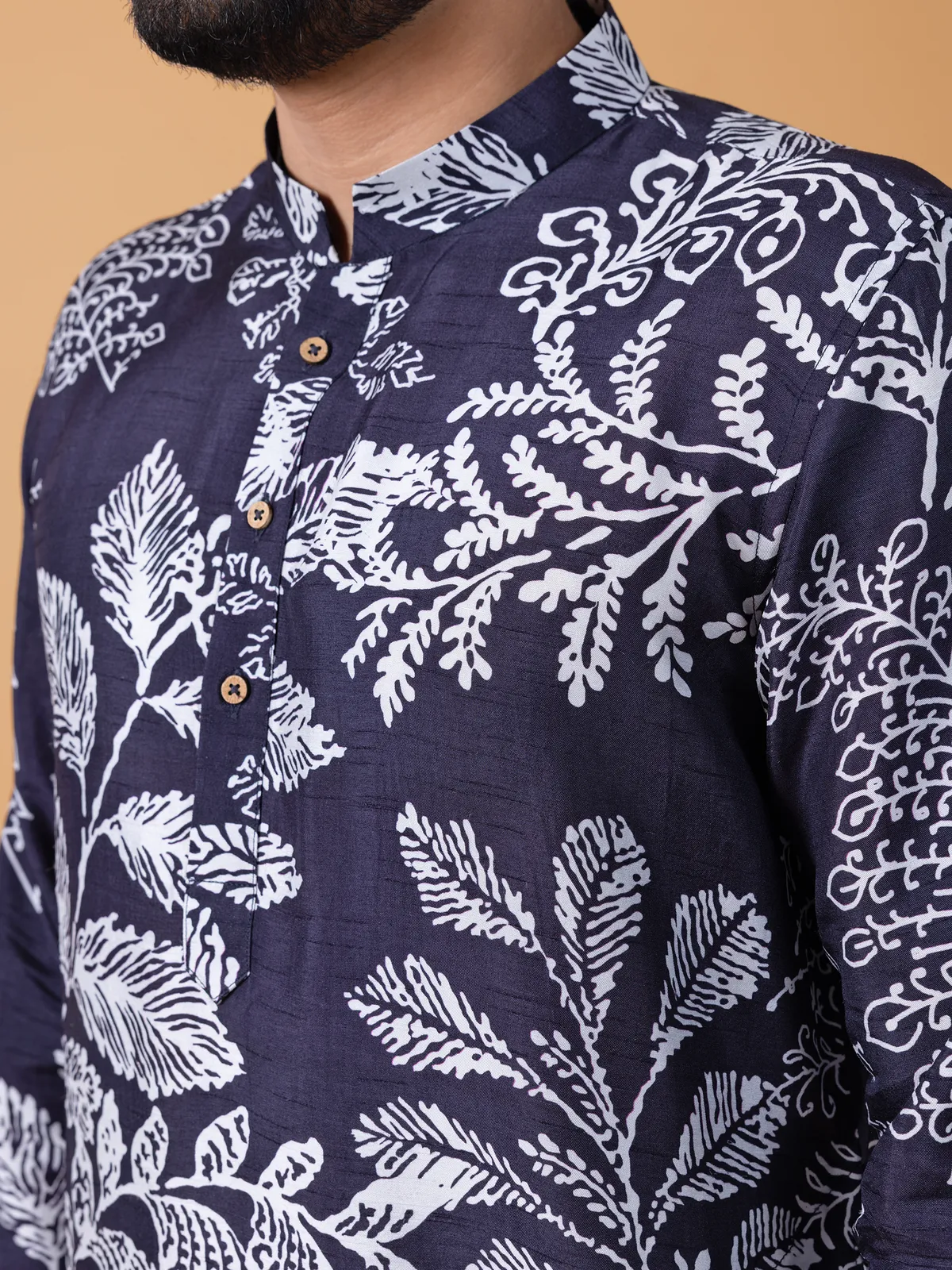 Elegant navy printed  Men Kurta pajama in cotton