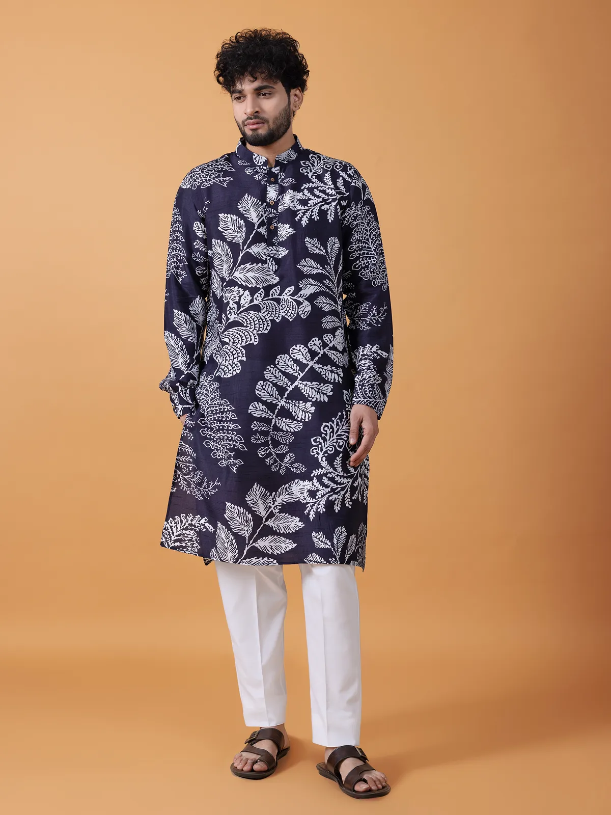 Elegant navy printed  Men Kurta pajama in cotton