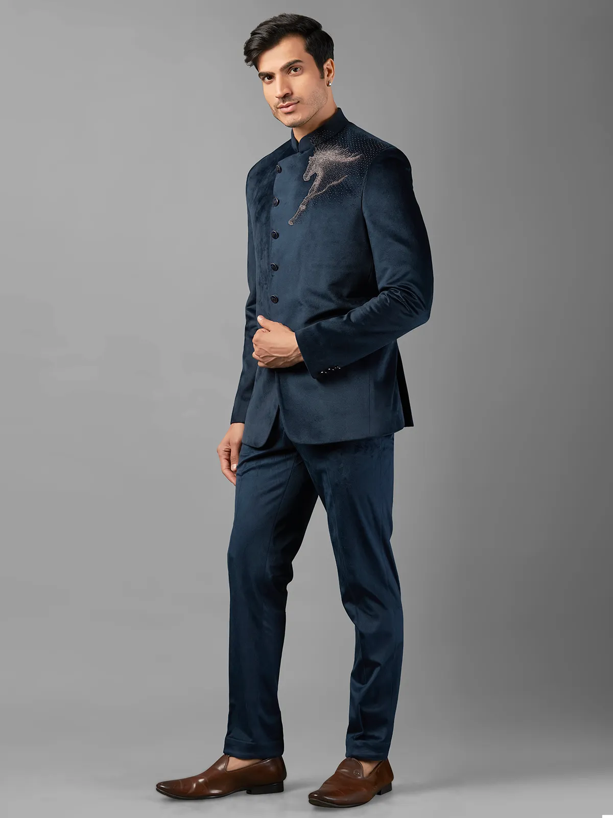 Elegant navy suede jodhpuri suit