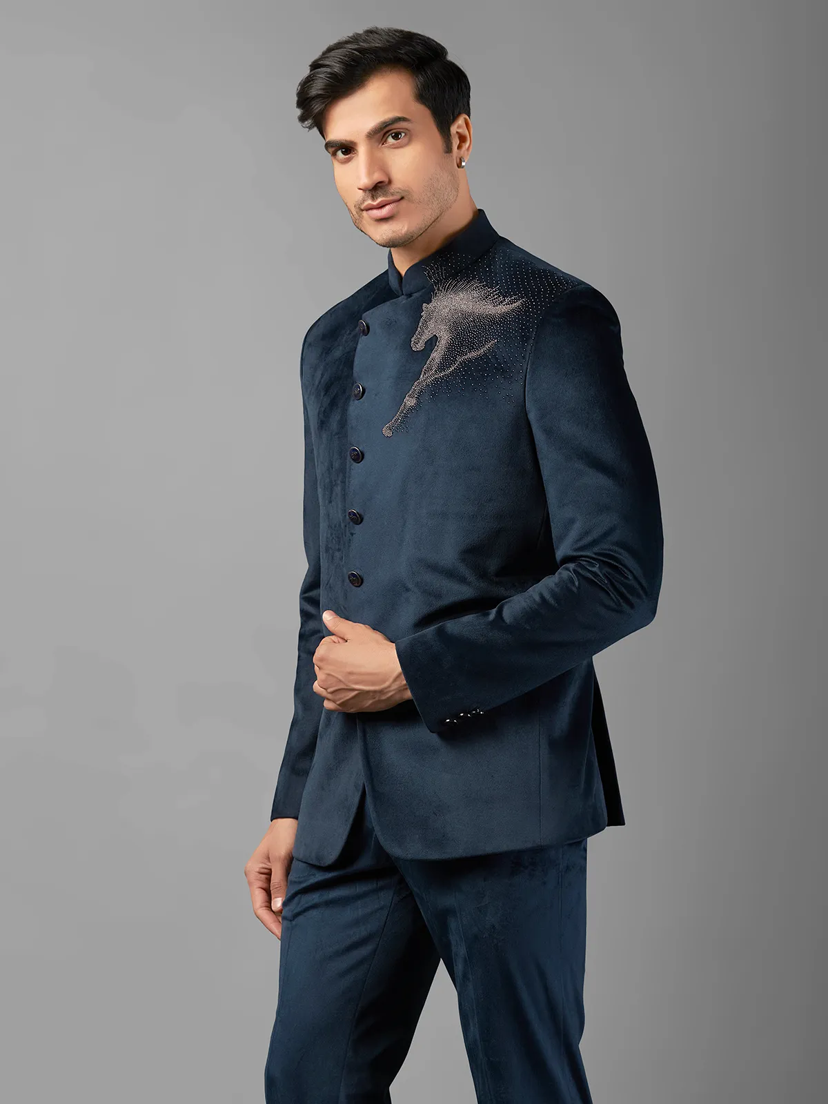 Elegant navy suede jodhpuri suit