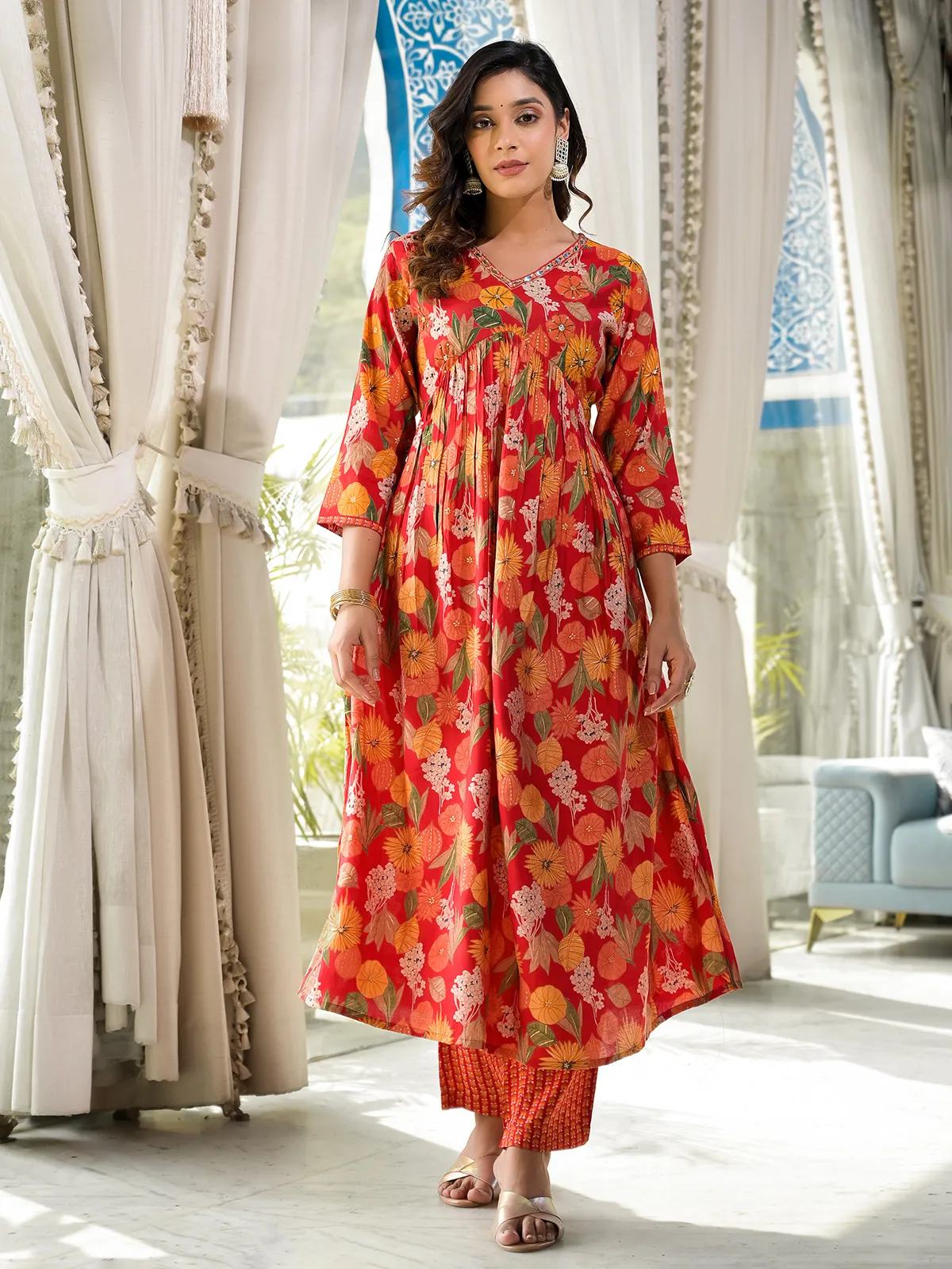 Elegant orange cotton alia style kurti set