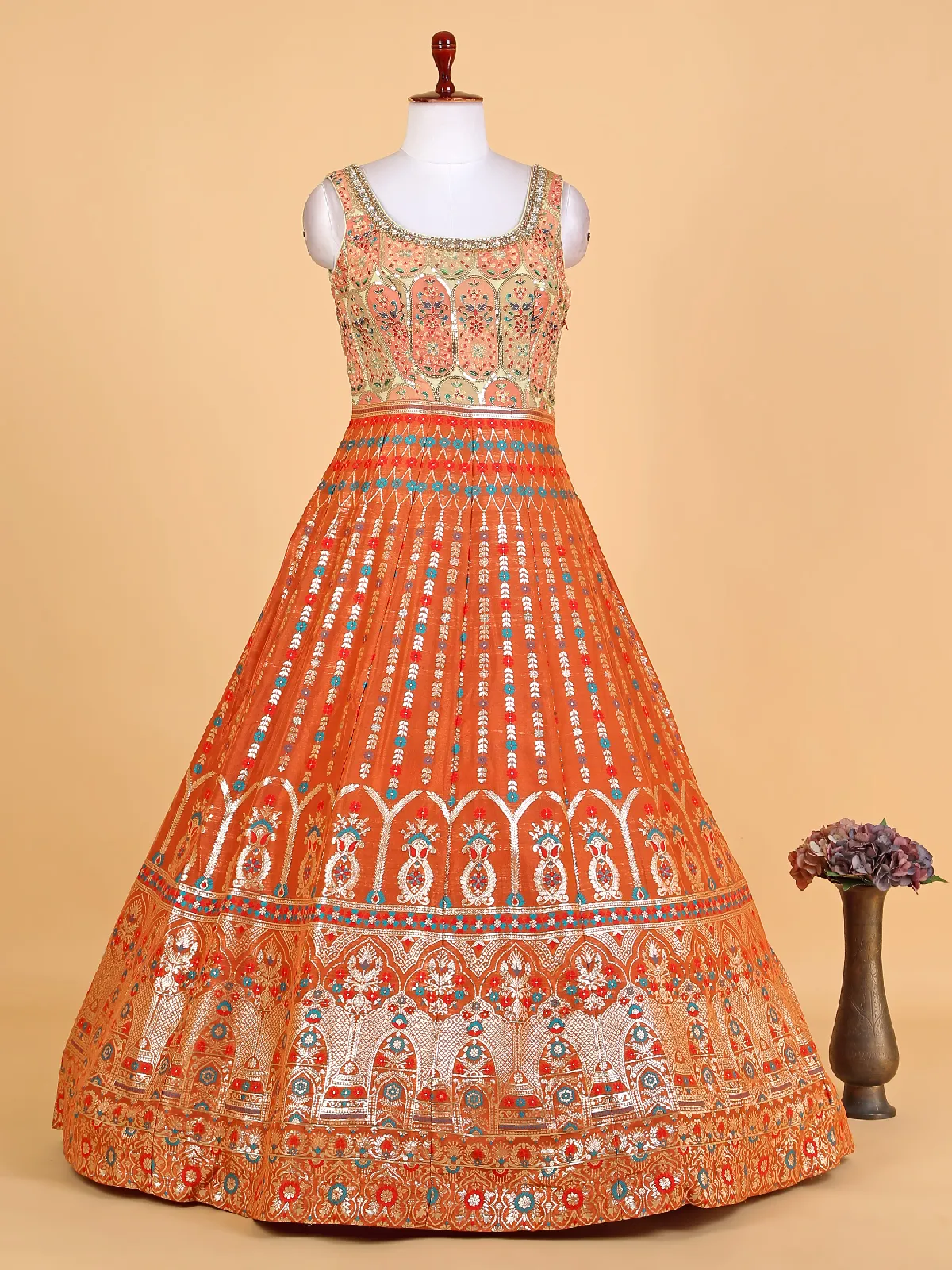 Elegant orange raw silk anarkali suit