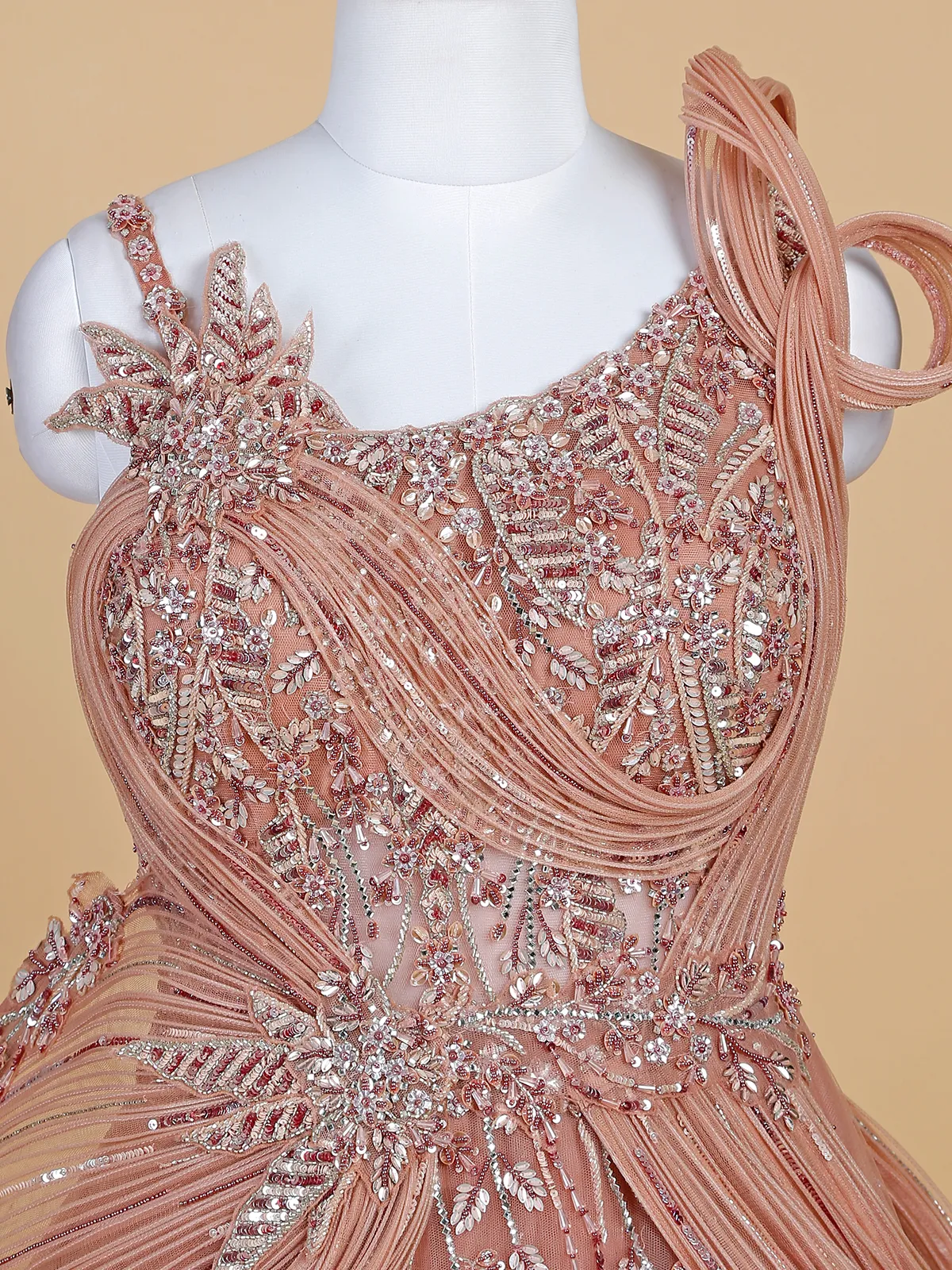 Elegant peach net designer gown