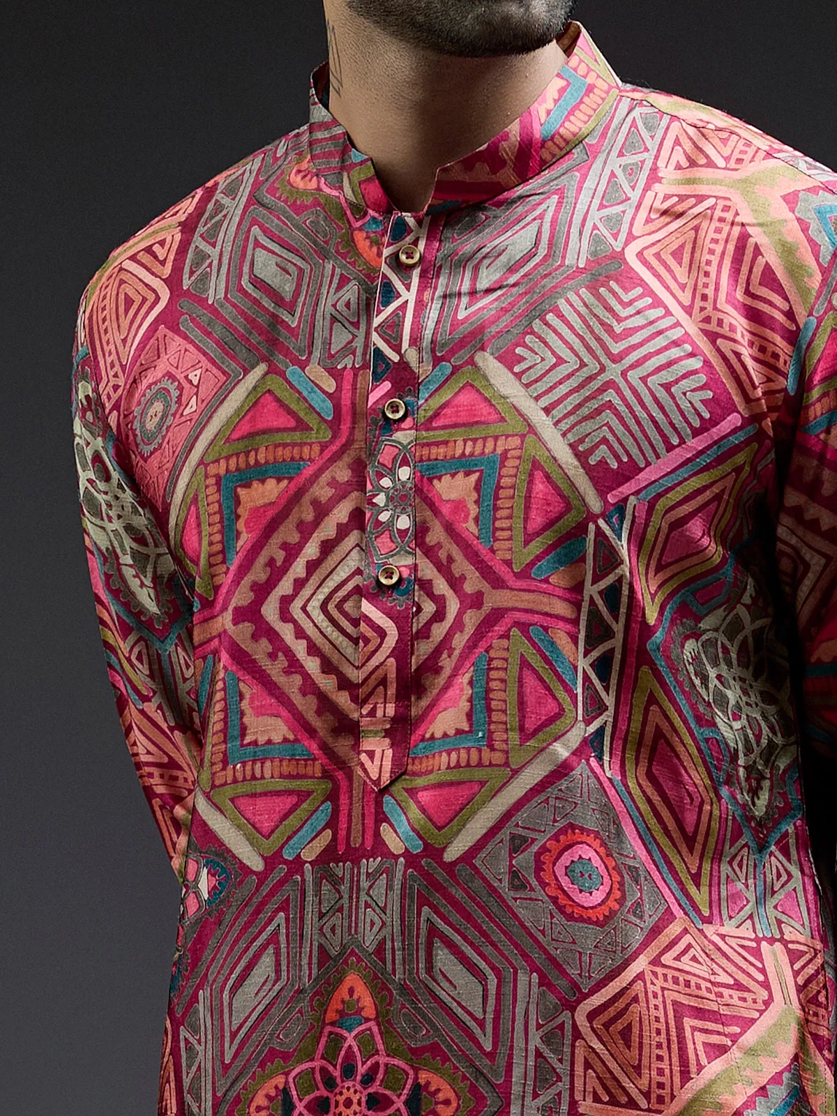 Elegant pink geometrical printed kurta suit in silk