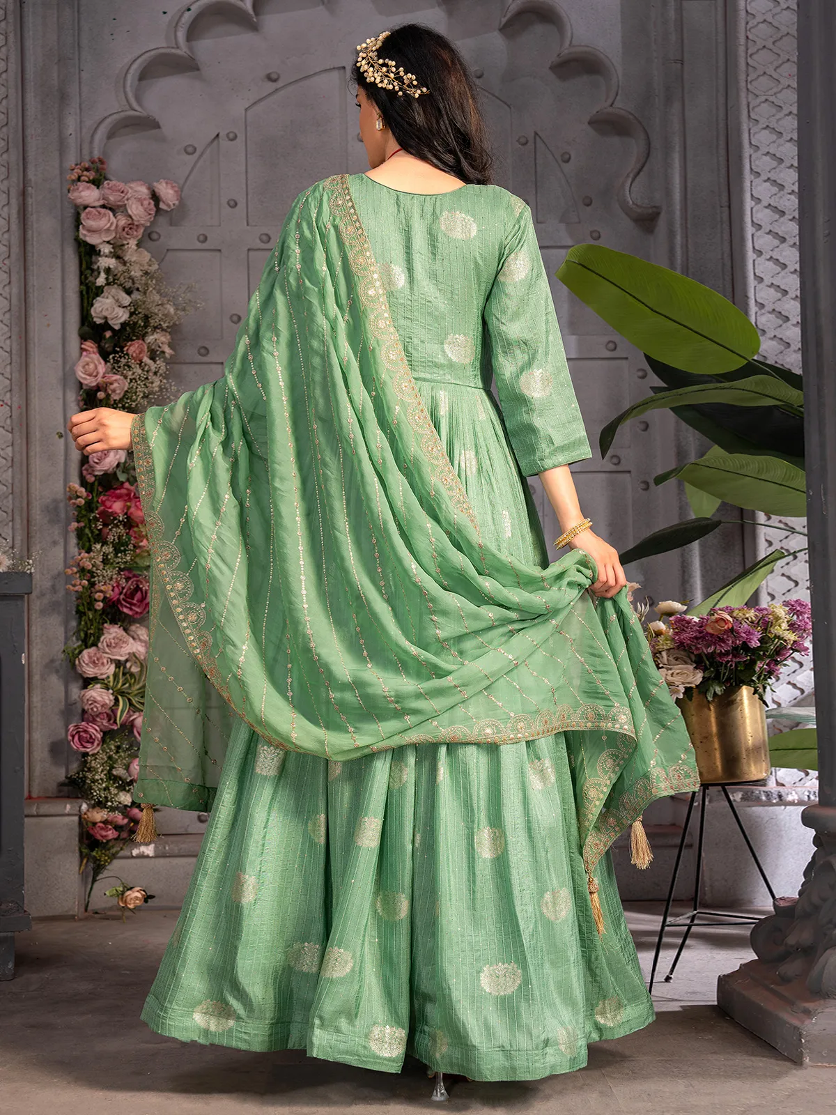 Elegant pista green banarasi silk anarkali suit