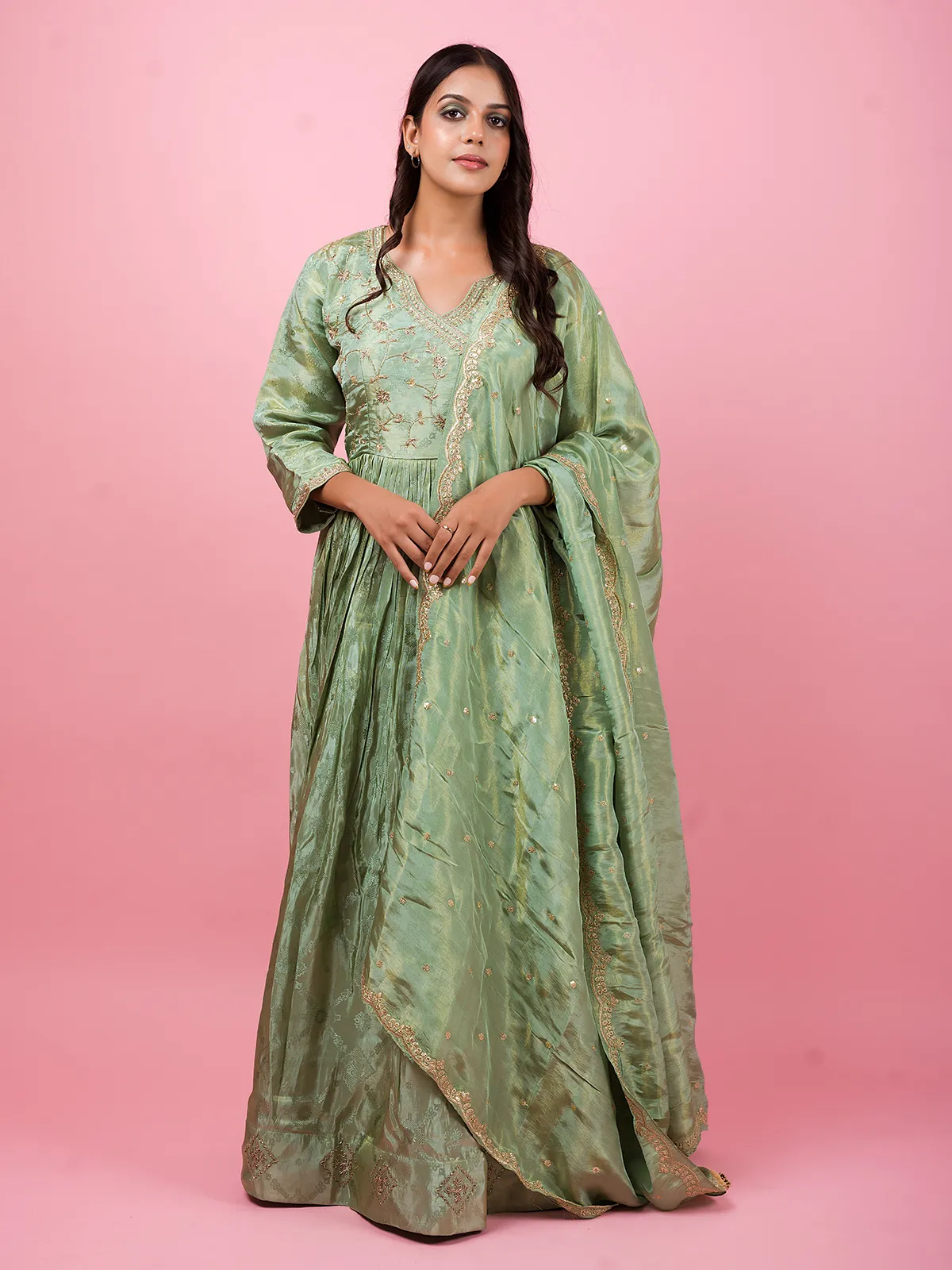 Elegant pista green tissue silk anarkali suit